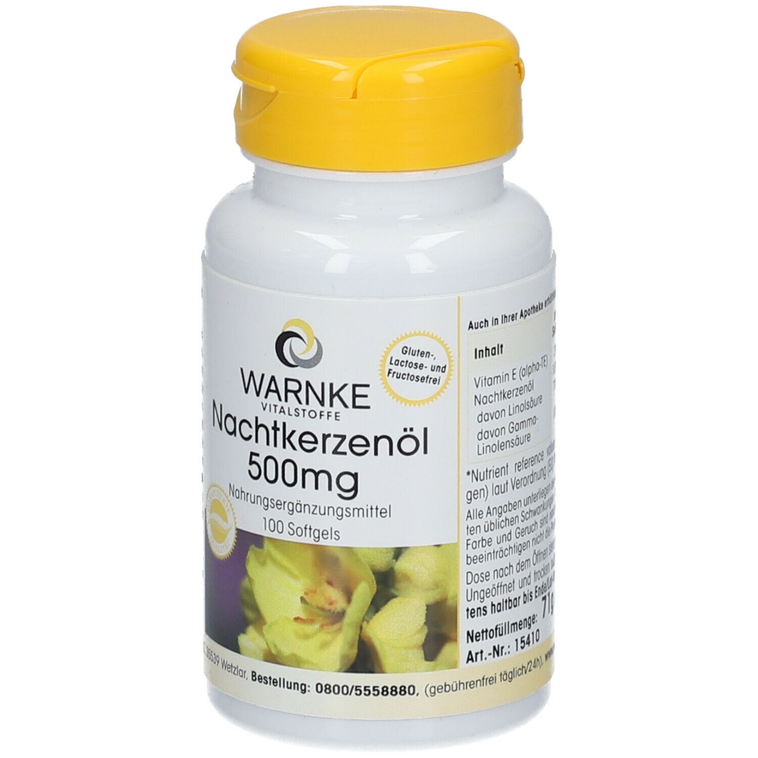 Flacone bianco con tappo giallo. Scritta: WARNKE Nachtkerzenöl 500mg. Integratore alimentare. 100 capsule molli. Testo.