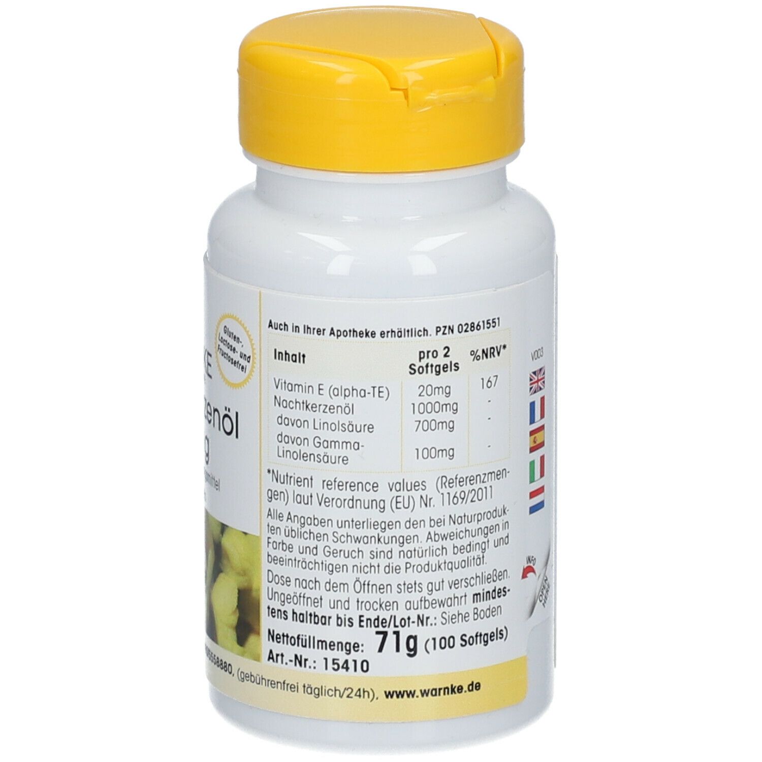 Retro del flacone bianco con tappo giallo. Testo su ingredienti e valori nutrizionali. 71g (100 capsule molli).