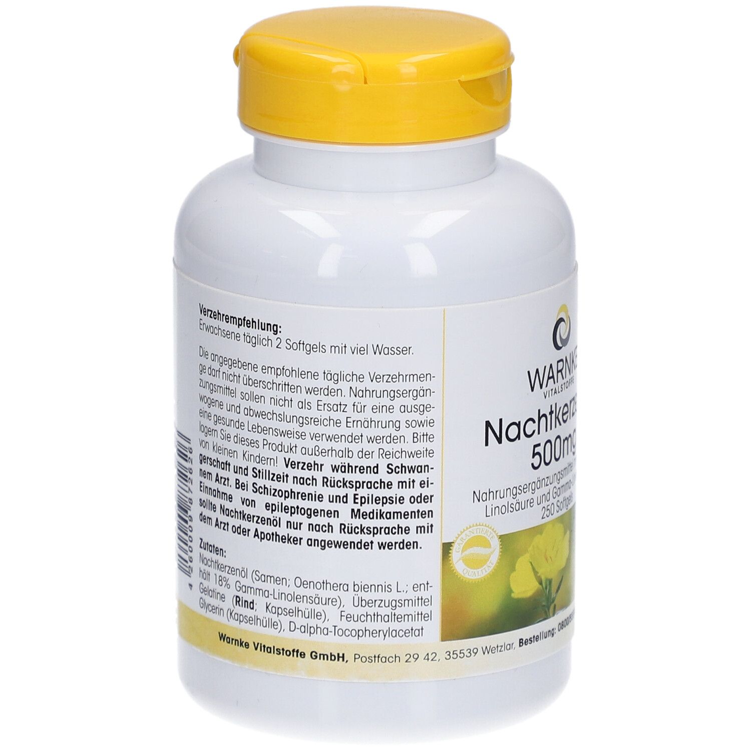 Retro del flacone bianco con tappo giallo. Testo sulle raccomandazioni e ingredienti. WARNKE Nachtkerzenöl 500mg.