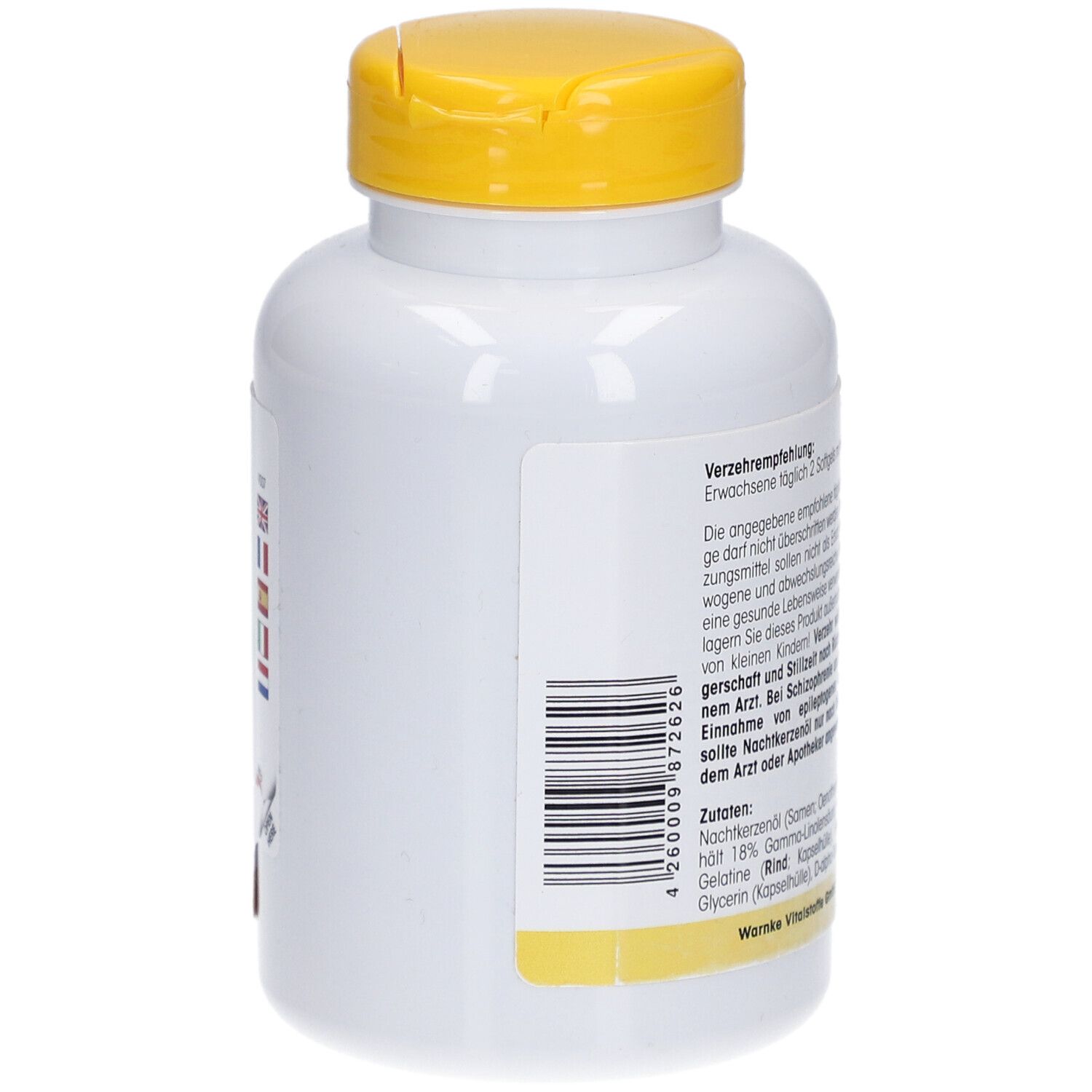 Vista laterale del flacone bianco con tappo giallo. Codice a barre e testo. WARNKE Nachtkerzenöl 500mg.