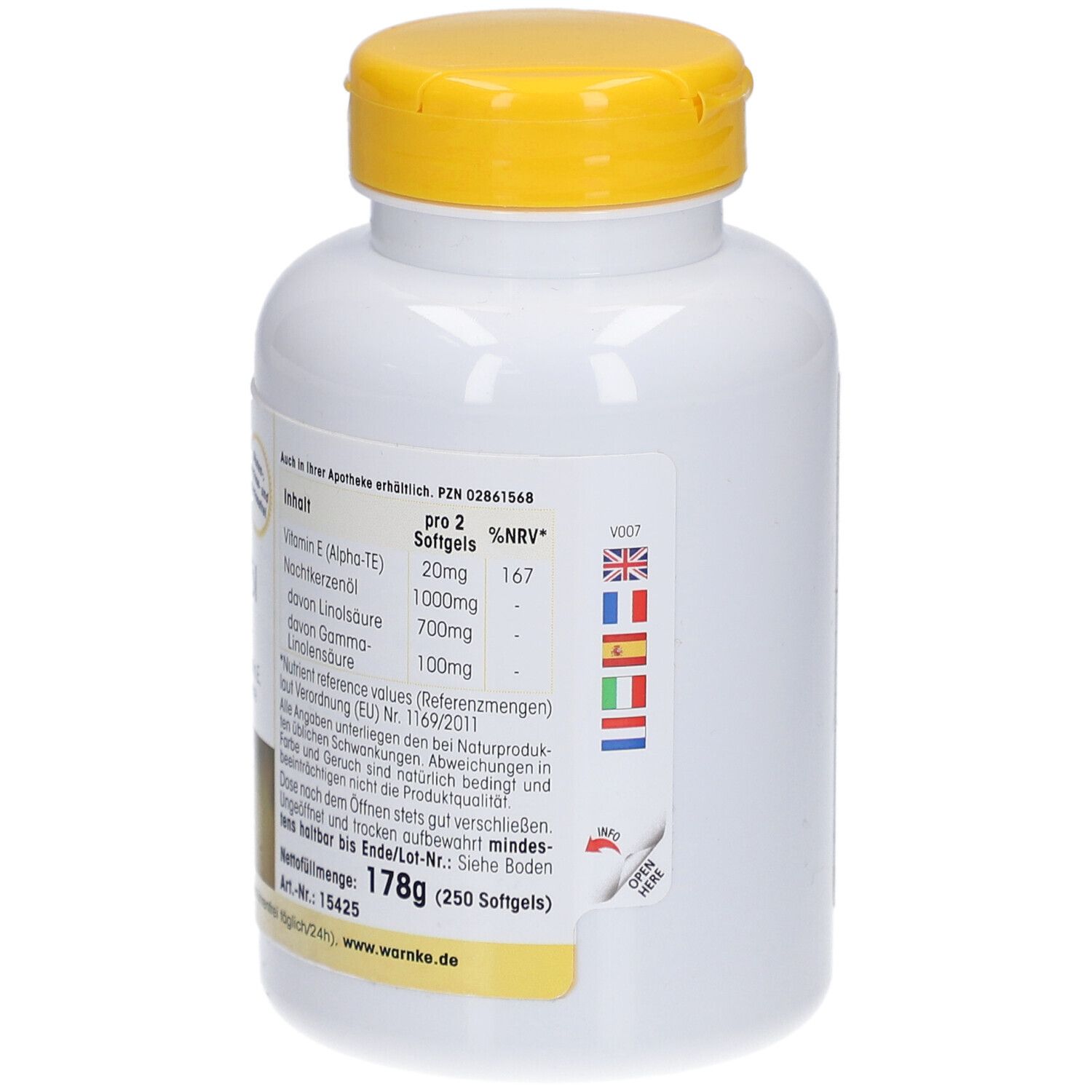 Flacone bianco con tappo giallo. Scritta: WARNKE, Nachtkerzenöl 500mg. Informazioni nutrizionali. Diverse bandiere.