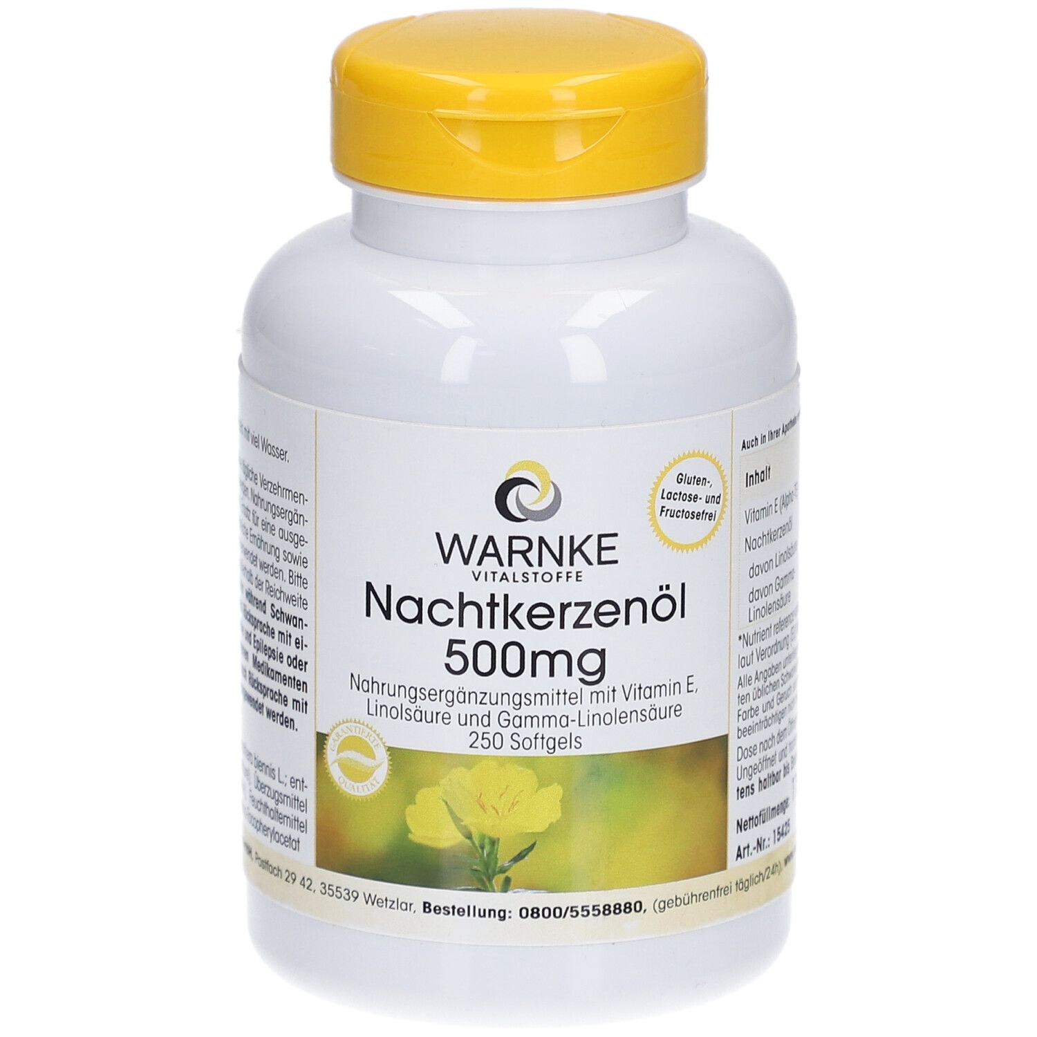 Flacone bianco con tappo giallo. Scritta: WARNKE, Nachtkerzenöl 500mg, 250 capsule. Senza glutine, lattosio e fruttosio.