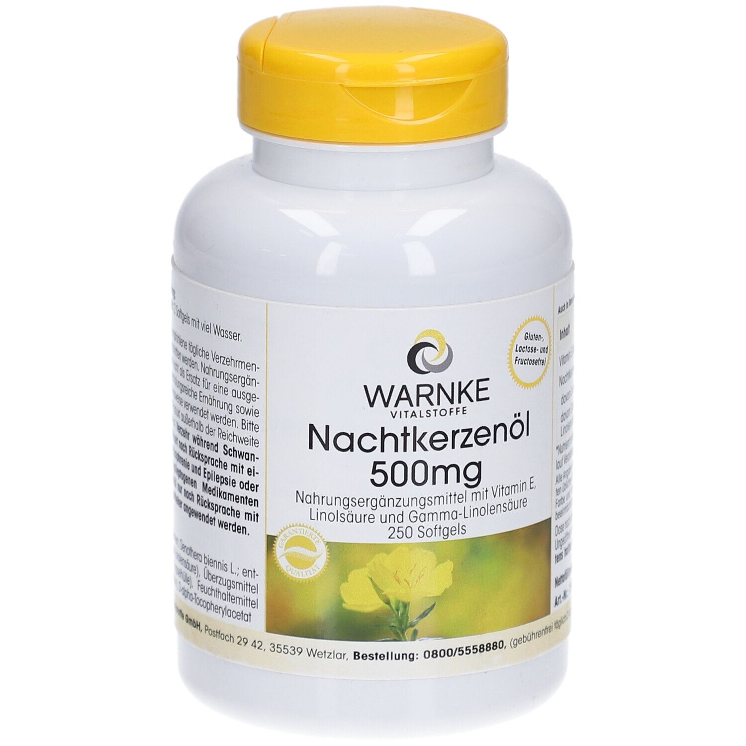 Flacone bianco con tappo giallo. Scritta: WARNKE, Nachtkerzenöl 500mg, 250 capsule. Senza glutine, lattosio e fruttosio.