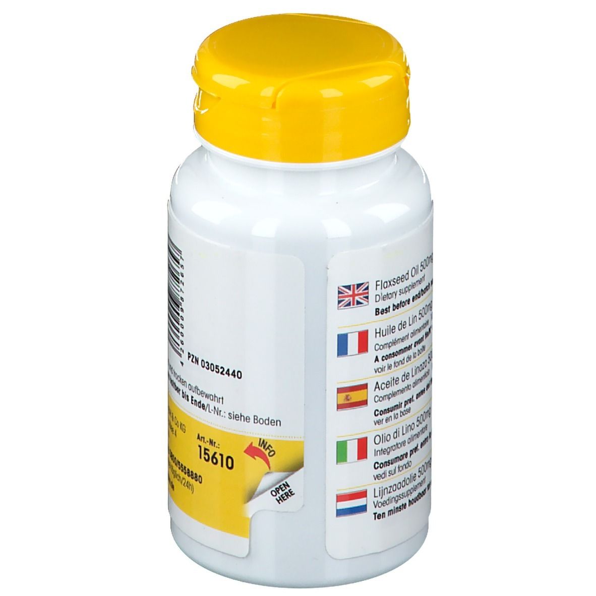 Retro del flacone con tappo giallo. Informazioni multilingue sul prodotto. Testo: Flaxseed Oil 500mg, Huile de Lin 500mg, ecc.