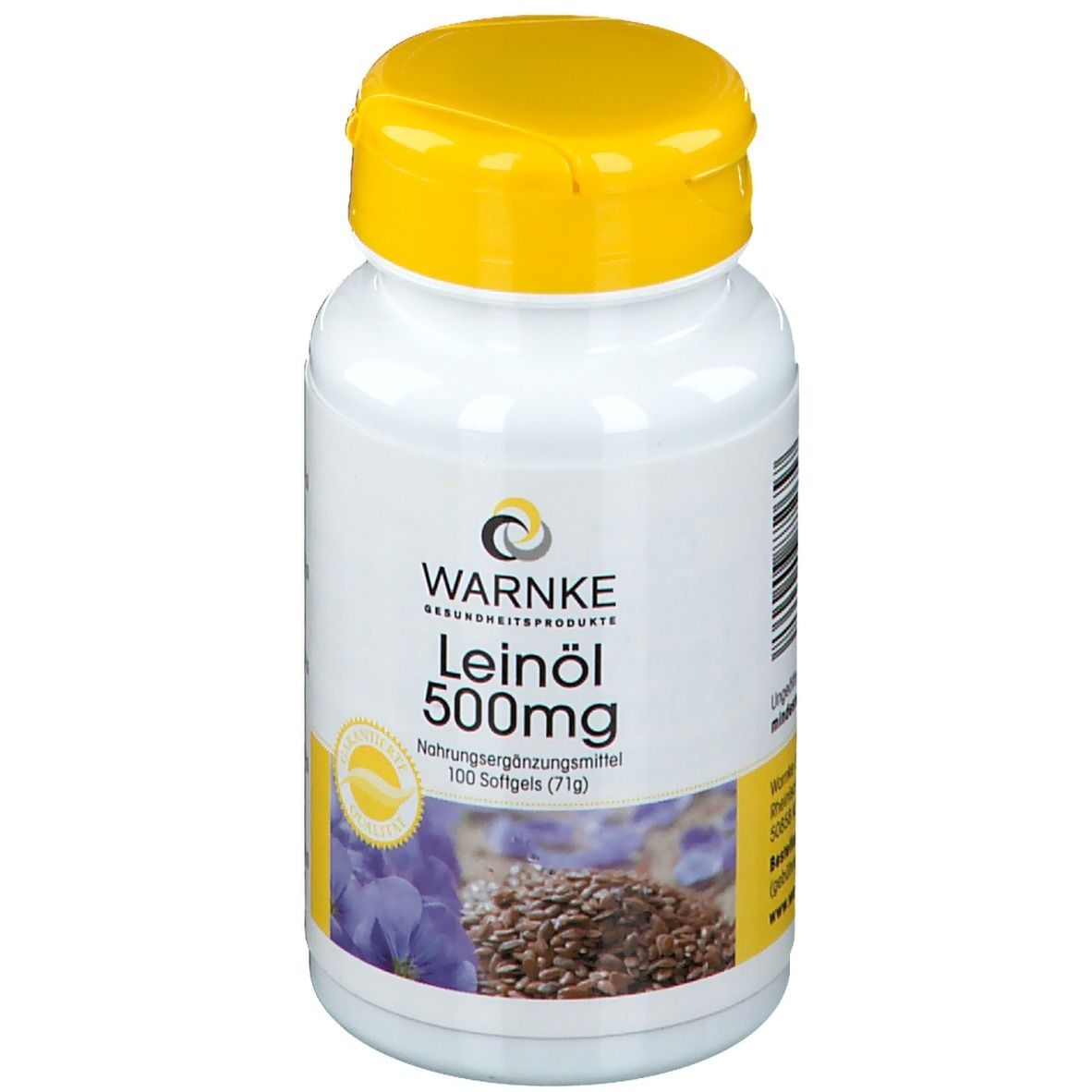 Flacone bianco con tappo giallo. Scritta: WARNKE Leinöl 500mg. 100 capsule. Con sigillo.