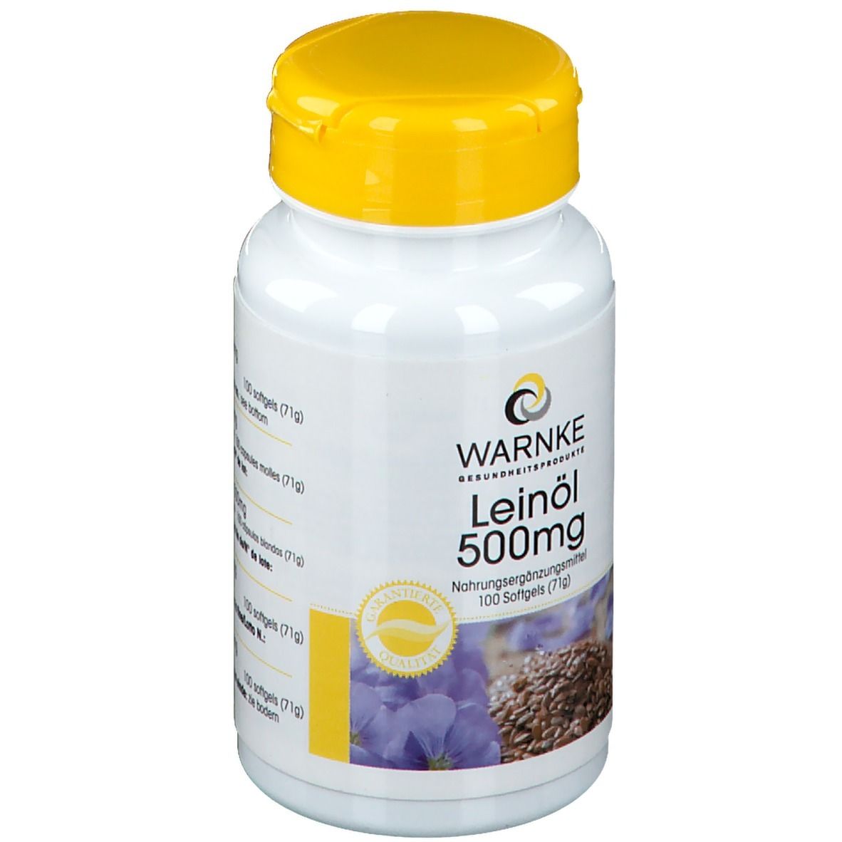Flacone bianco con tappo giallo. Scritta: WARNKE Leinöl 500mg. 100 capsule. Con sigillo.