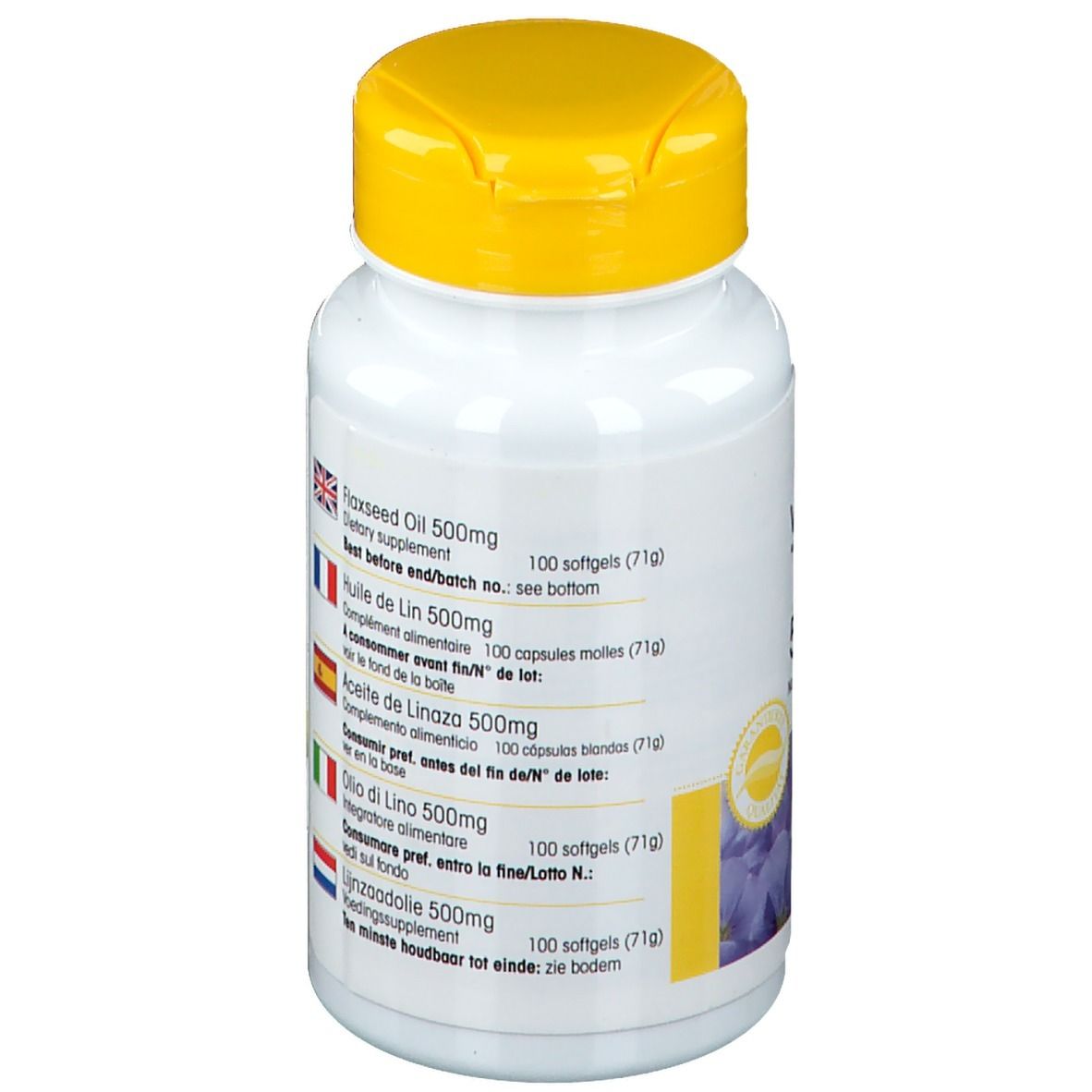 Retro del flacone con tappo giallo. Informazioni multilingue sul prodotto. Testo: Flaxseed Oil 500mg, Huile de Lin 500mg, ecc.