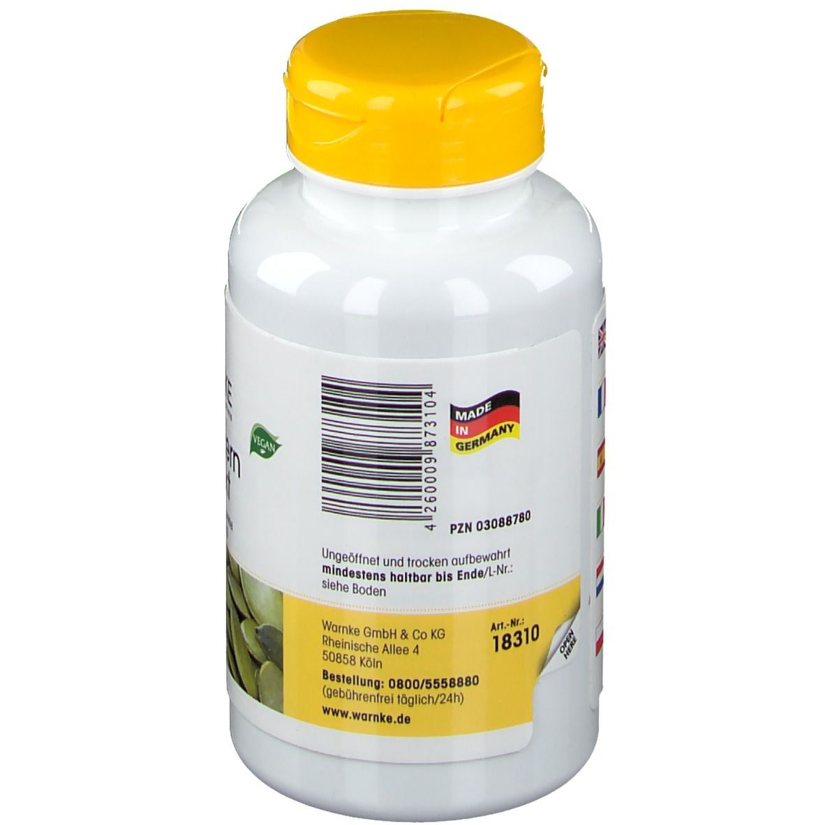 Retro del flacone bianco con tappo giallo. Codice a barre, sigillo Made in Germany. Etichetta gialla con testo e logo.