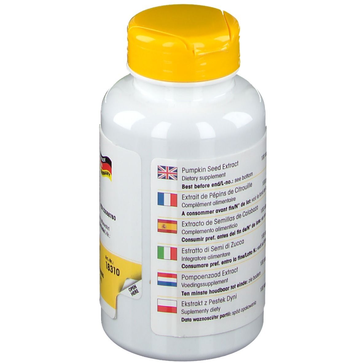 Retro del flacone bianco con tappo giallo. Informazioni multilingue sul prodotto. Sigillo Made in Germany.