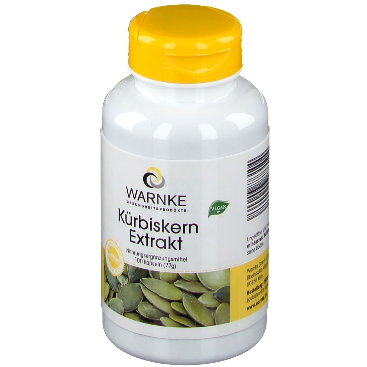 Flacone bianco con tappo giallo. Scritta: WARNKE Kürbiskern Extrakt. Sigillo vegano. Immagine di semi di zucca.