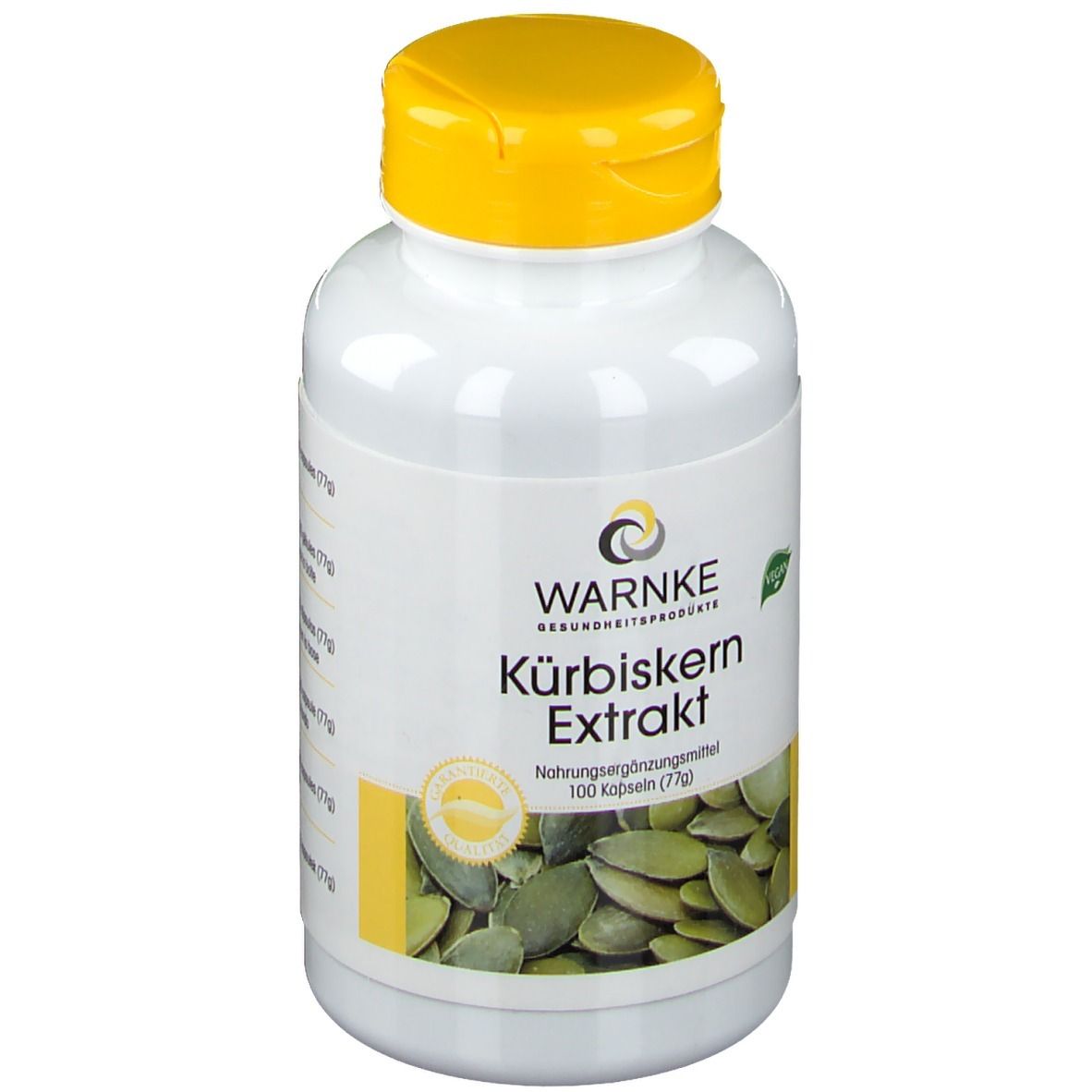 Flacone bianco con tappo giallo. Scritta: WARNKE Kürbiskern Extrakt. Sigillo vegano. Immagine di semi di zucca.