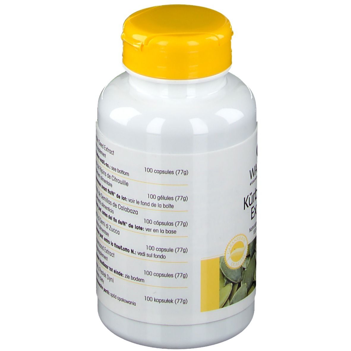 Retro del flacone bianco con tappo giallo. Informazioni multilingue sul prodotto. 100 capsule (77g).