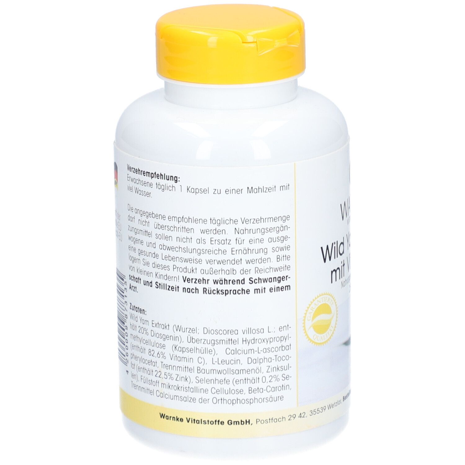 Retro del flacone. Testo con ingredienti e raccomandazioni. Tappo giallo.