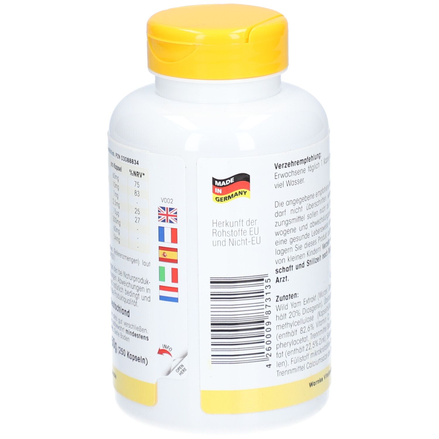 Retro del flacone. Testo, origine UE/Non-UE, Made in Germany. Tappo giallo.