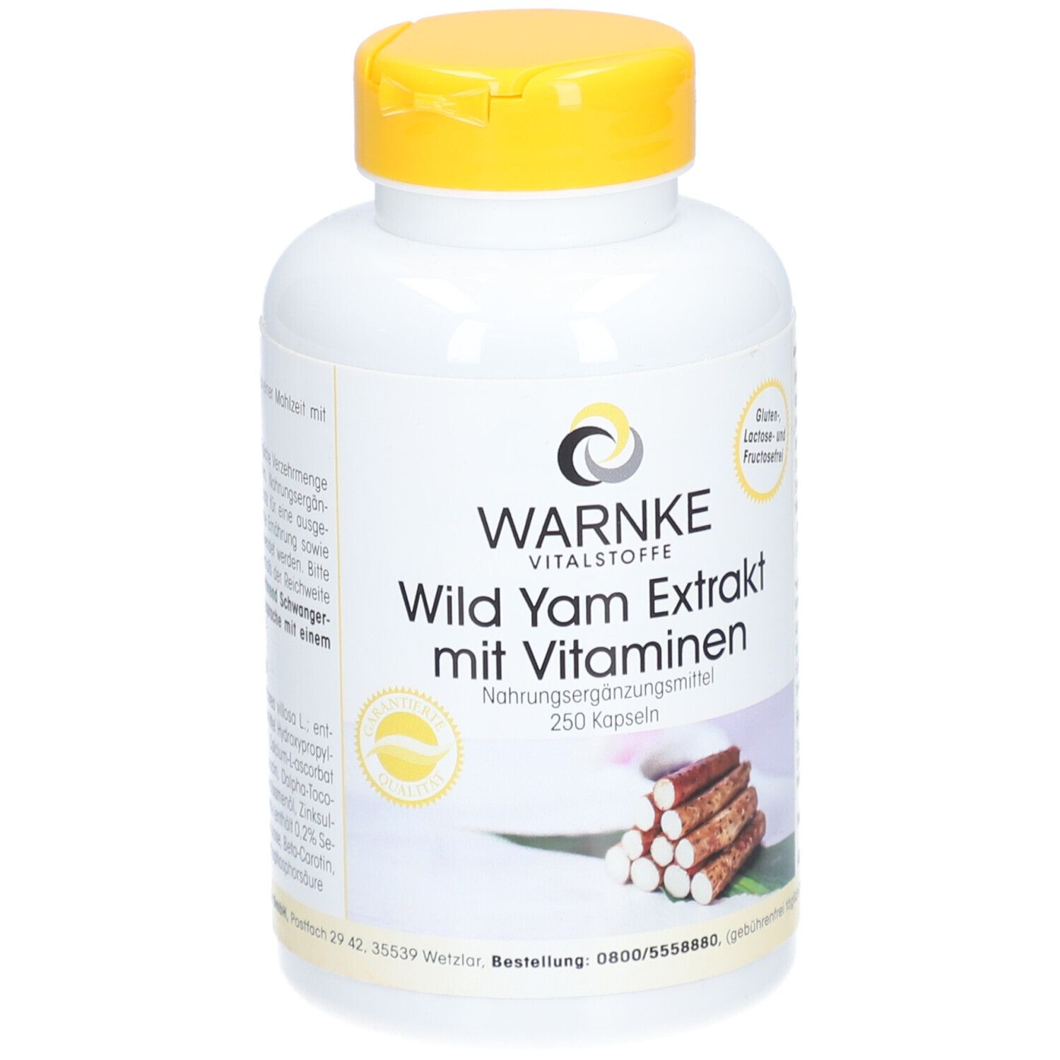 Flacone bianco con tappo giallo. Scritta: WARNKE Wild Yam Extrakt mit Vitaminen. 250 capsule.