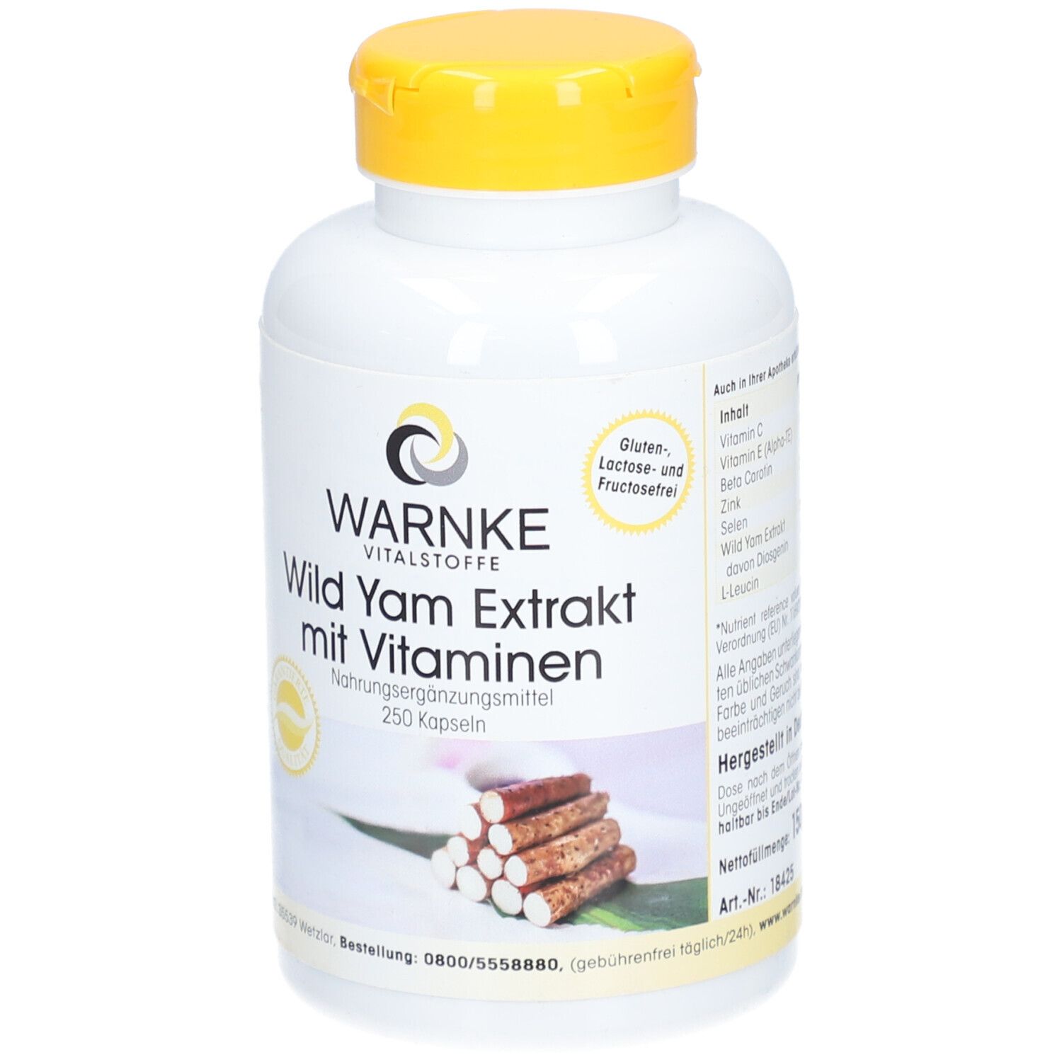 Flacone bianco con tappo giallo. Scritta: WARNKE Wild Yam Extrakt mit Vitaminen. 250 capsule.