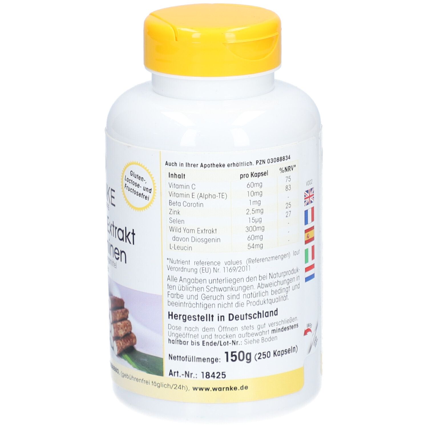 Retro del flacone. Ingredienti, informazioni nutrizionali, Made in Germany. Tappo giallo.