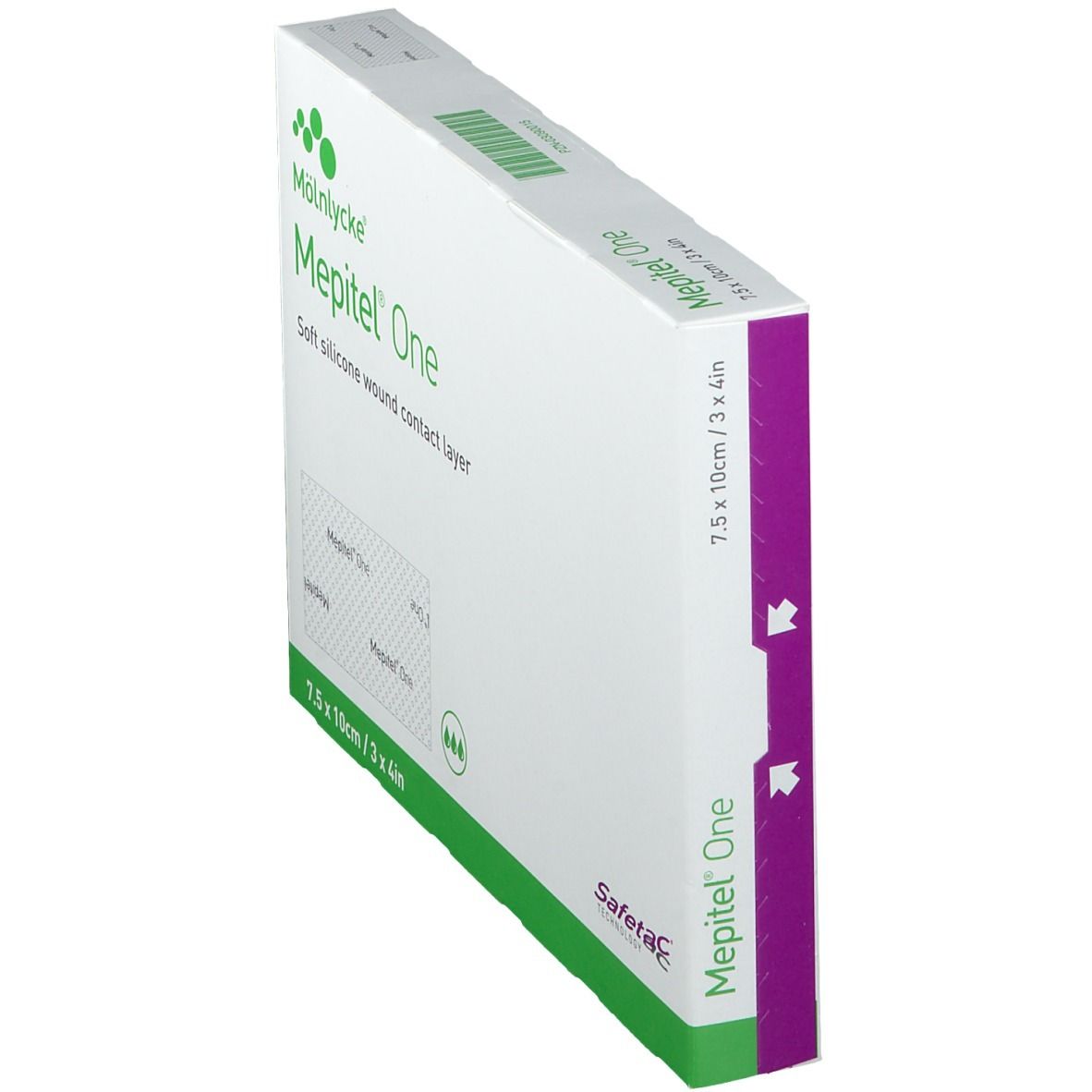 Scatola Mepitel® One, 7,5 x 10 cm. Strato a contatto con la ferita in silicone morbido. Confezione verde e bianca con logo e logo Safetac.