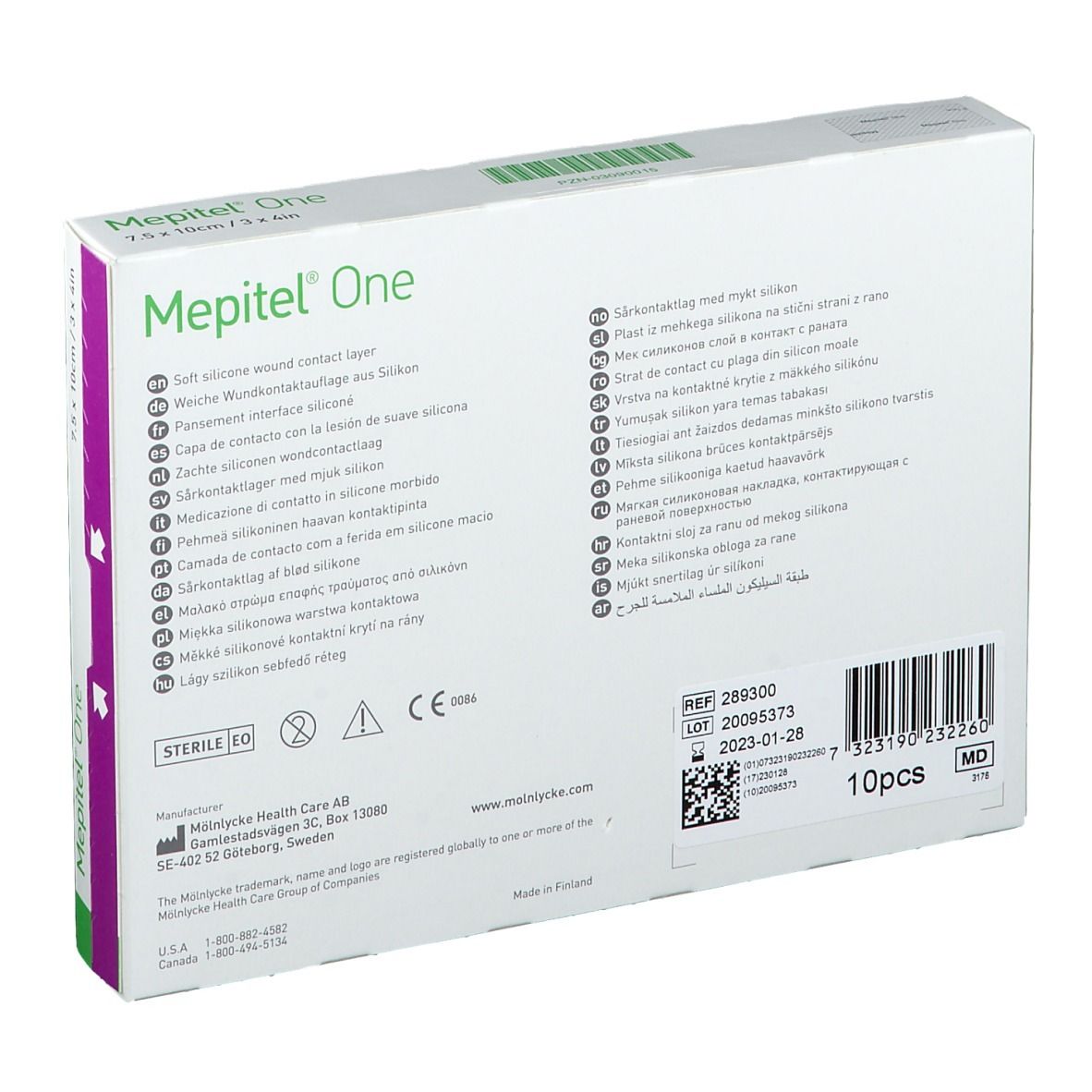 Retro della confezione Mepitel® One. Informazioni sul prodotto, dettagli del produttore, numero di lotto, data di scadenza e certificazioni.