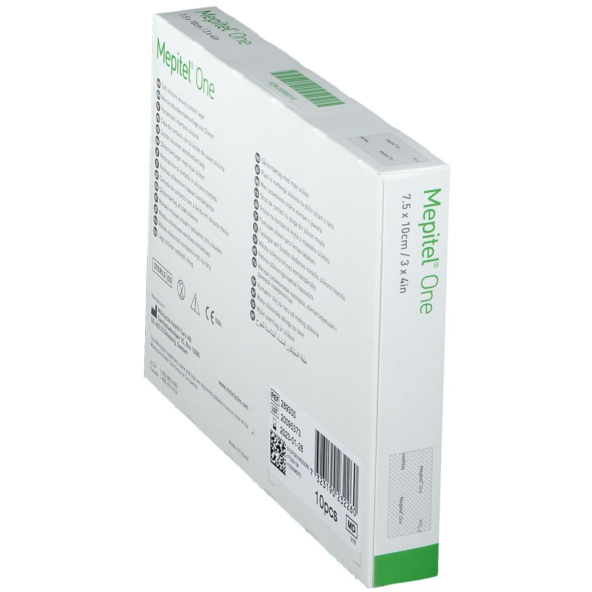 Confezione Mepitel® One, 7,5 x 10 cm. Scatola verde e bianca con logo e informazioni sul prodotto. Marcatura sterile.