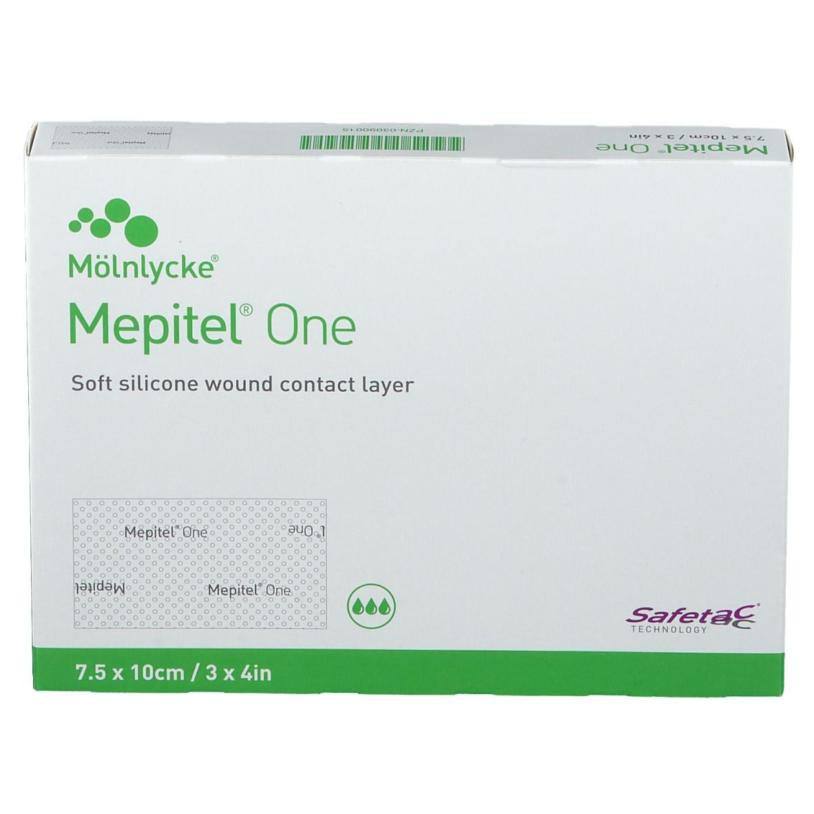 Confezione Mepitel® One. Strato a contatto con la ferita in silicone morbido. Dimensioni: 7,5 x 10 cm. Scatola verde e bianca con logo e logo Safetac.