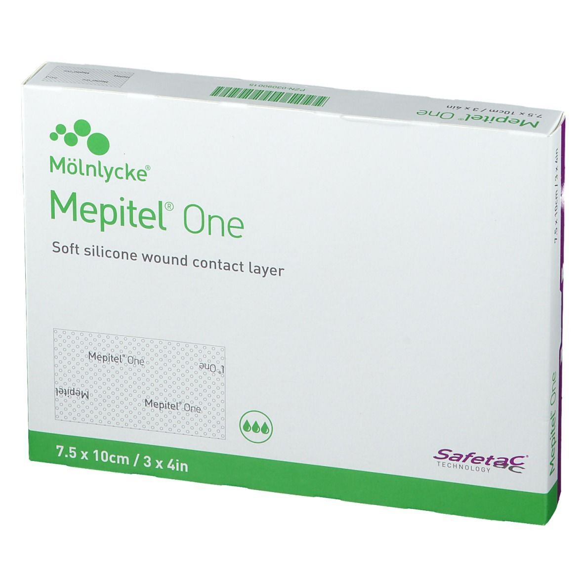 Confezione Mepitel® One. Strato a contatto con la ferita in silicone morbido. Dimensioni: 7,5 x 10 cm. Scatola verde e bianca con logo e logo Safetac.