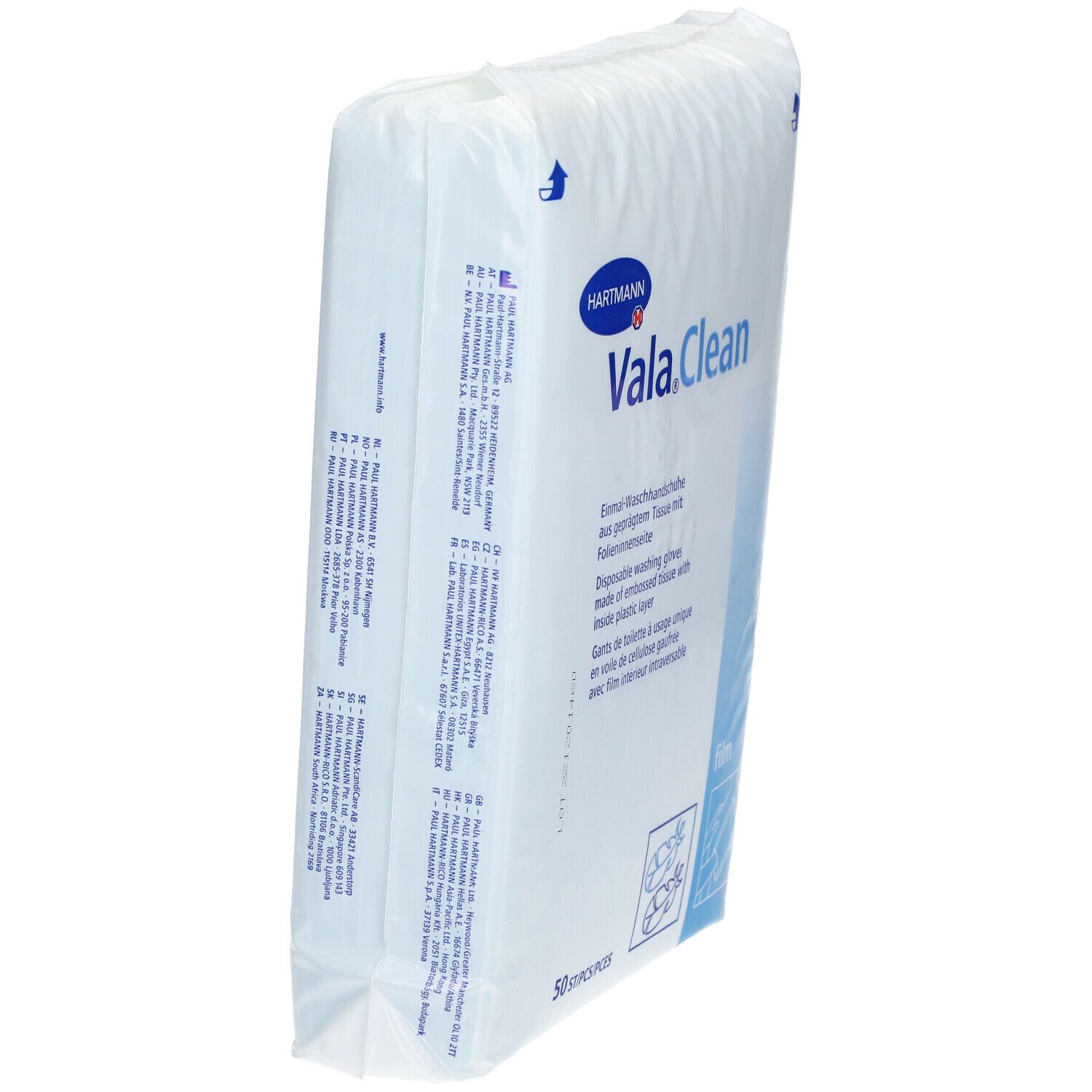 Hartmann Vala.Clean guanti lavanti monouso. Confezione bianca, vista laterale. Logo e testo visibili.