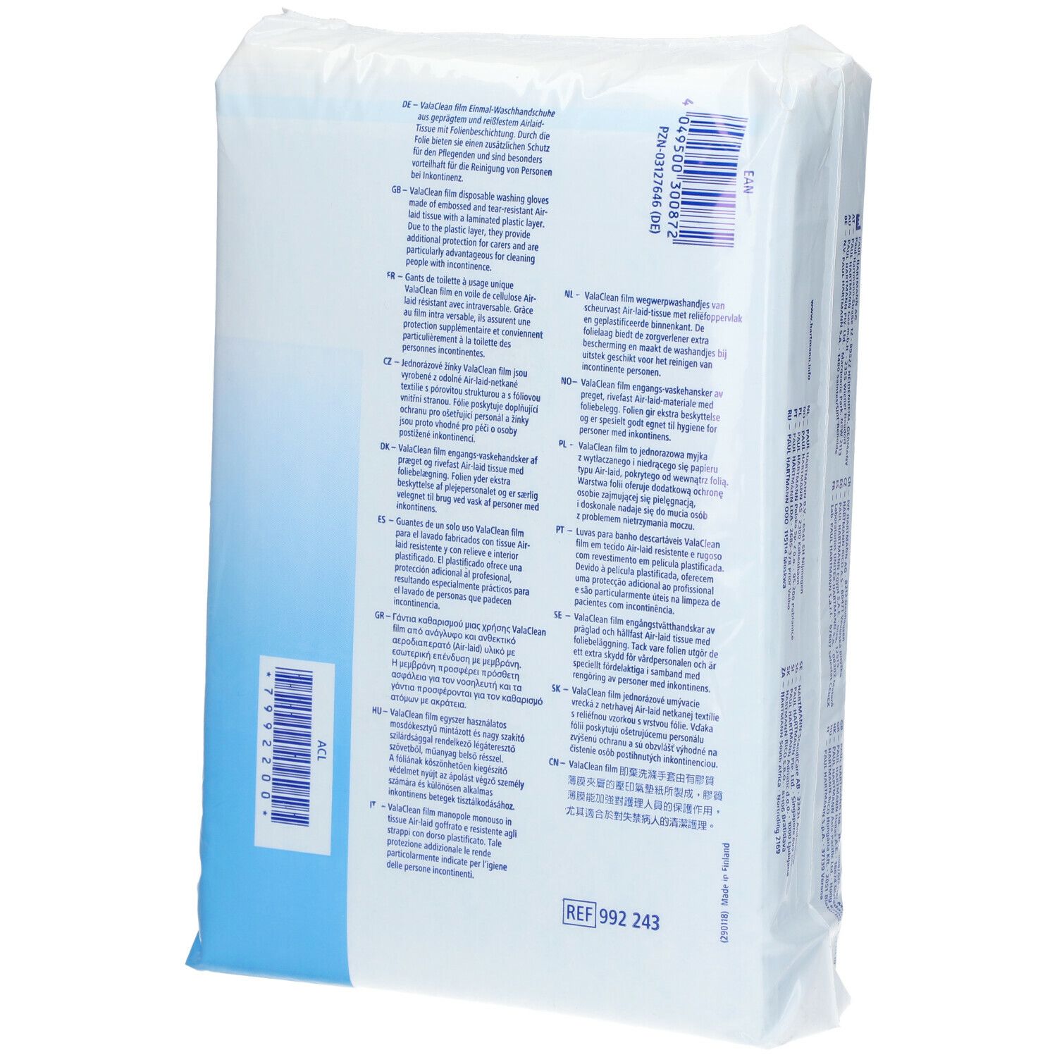 Hartmann Vala.Clean guanti lavanti monouso. Retro confezione con testo. Informazioni sul prodotto.