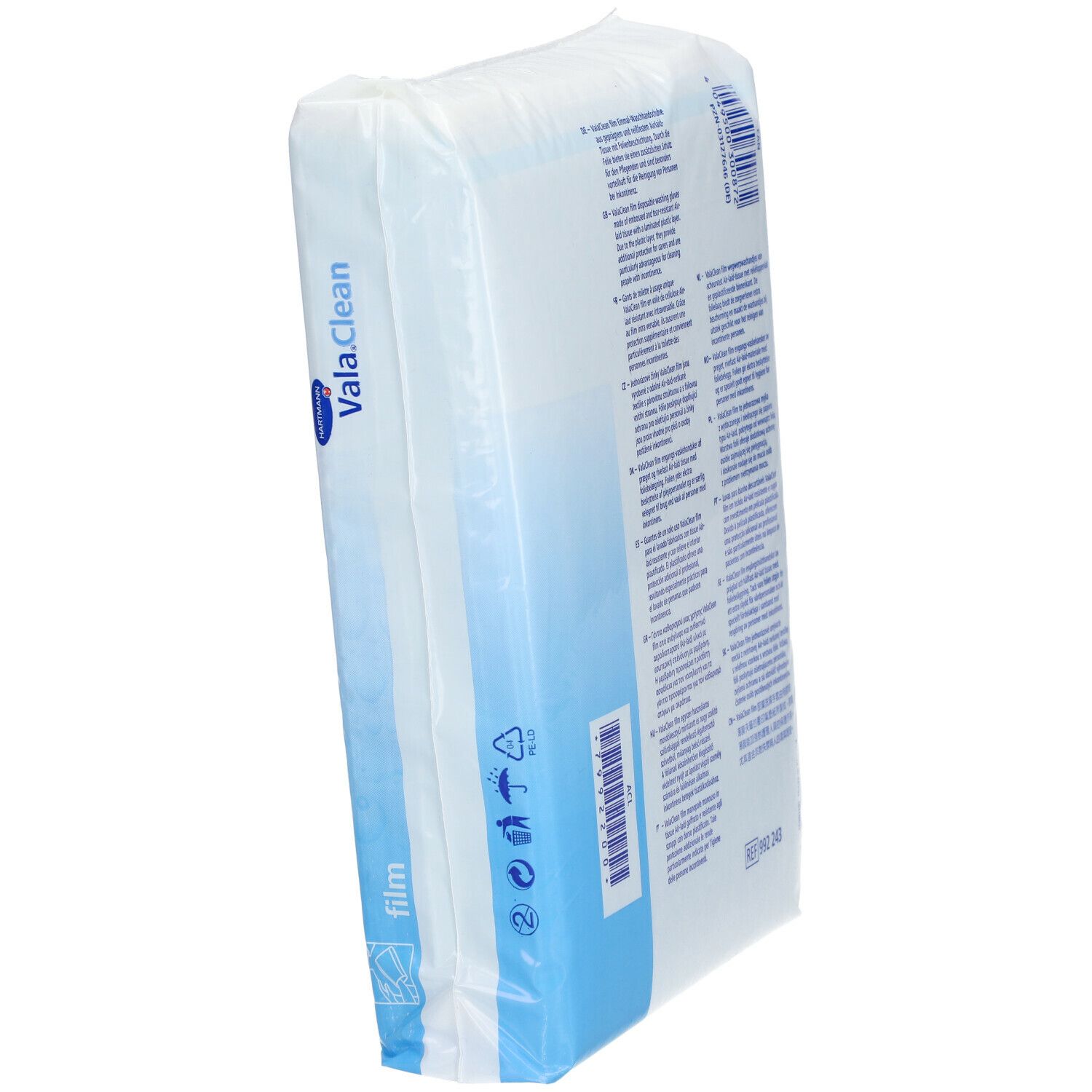 Hartmann Vala.Clean guanti lavanti monouso. Confezione bianca, vista laterale. Testo e logo.