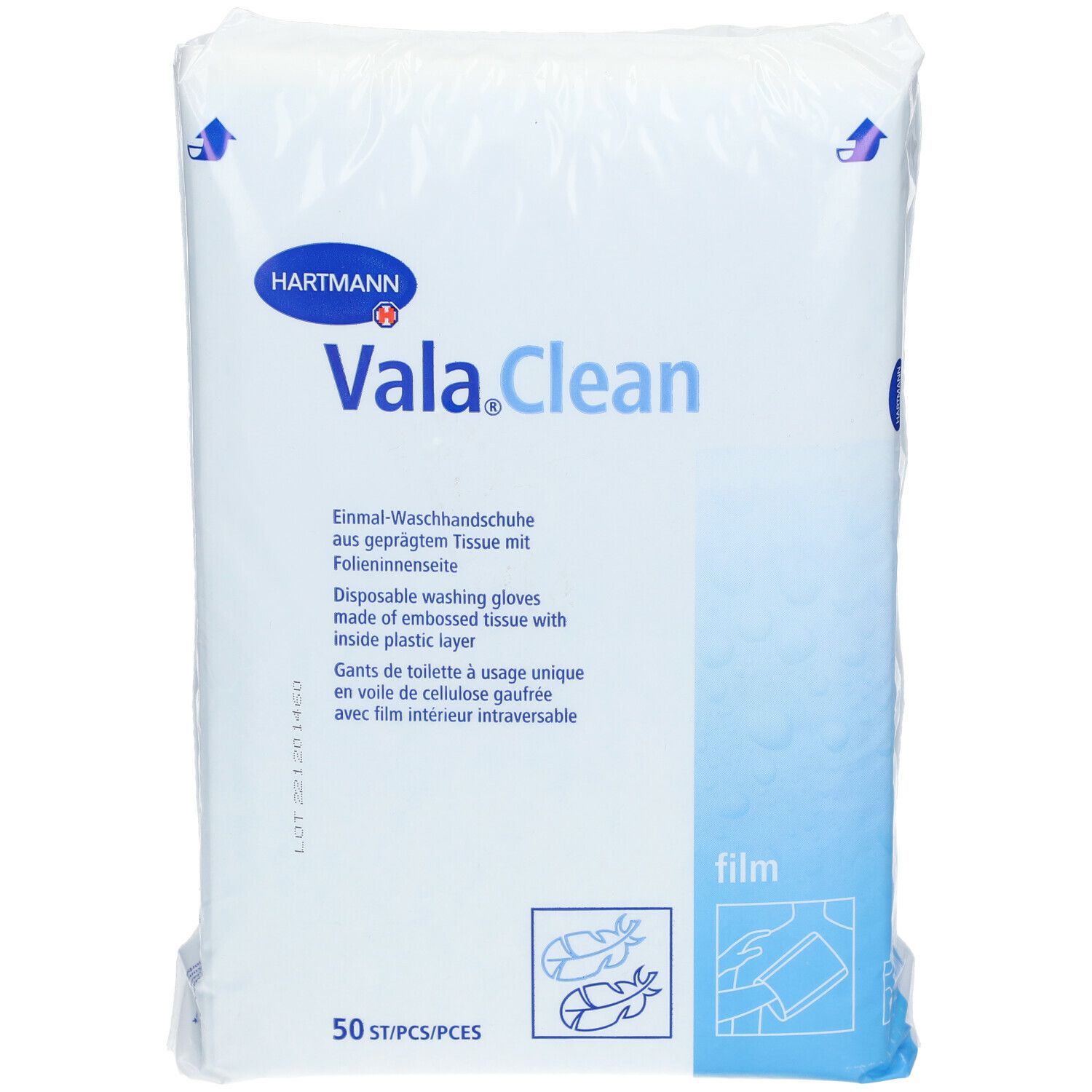 Hartmann Vala.Clean guanti lavanti monouso. Confezione bianca con logo e testo. 50 pezzi.