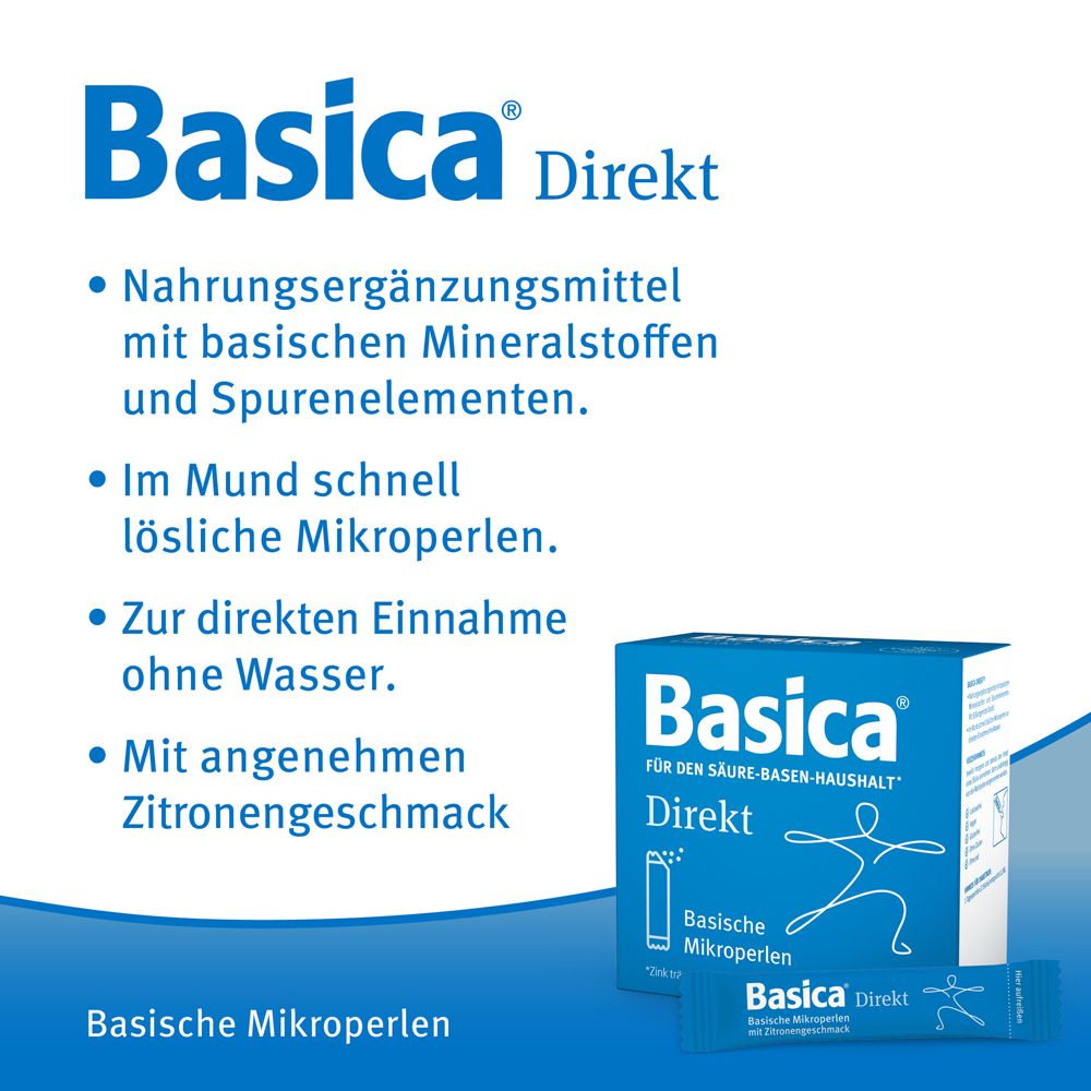 Infografica blu con "Basica Direkt". Elenco puntato: Integratore alimentare, microperle solubili, assunzione diretta senza acqua, gusto limone.