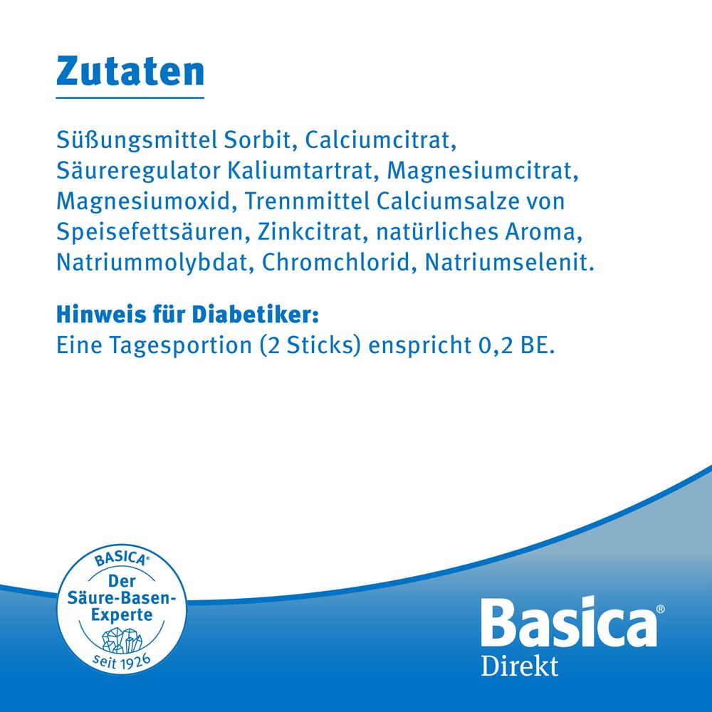 Elenco ingredienti per "Basica Direkt". Elenco ingredienti come sorbitolo, citrato di calcio, citrato di magnesio, citrato di zinco, ecc. Avviso per diabetici.