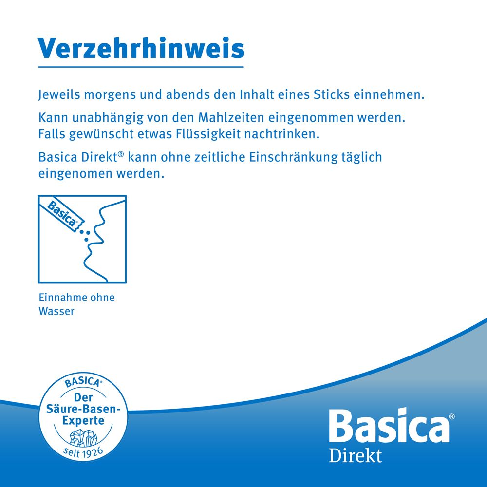 Istruzioni per l'uso di "Basica Direkt". Assunzione mattina e sera. Assunzione senza acqua. Grafico: Persona che assume microperle.