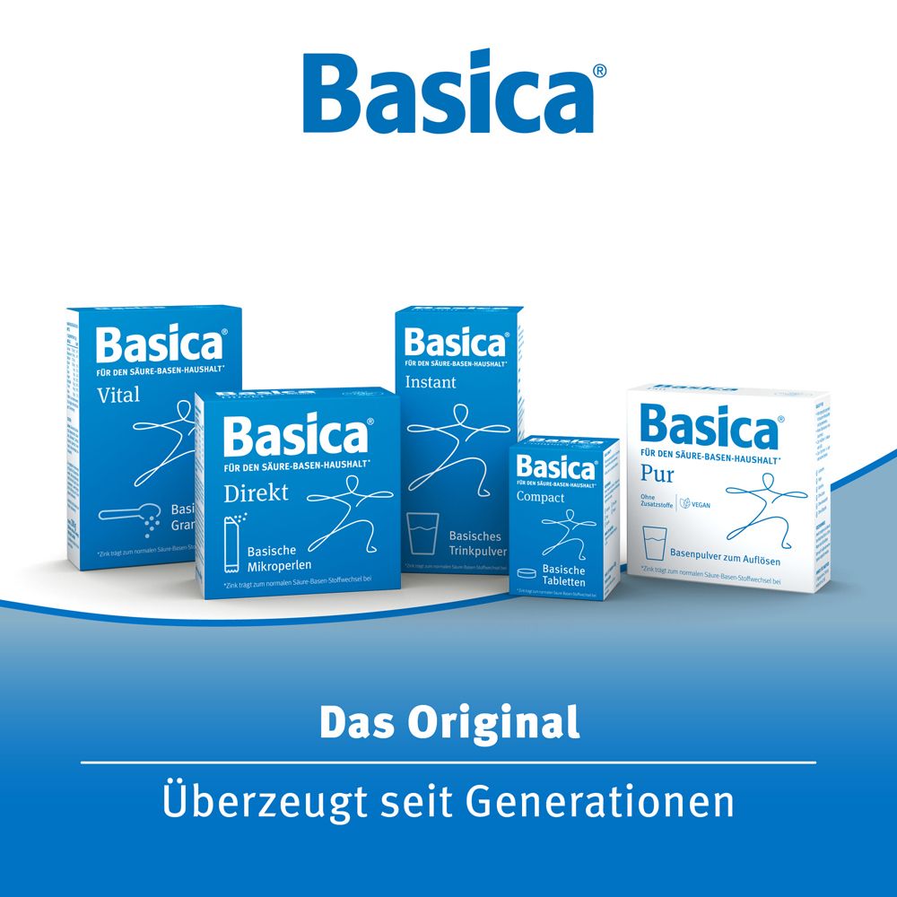 Panoramica dei prodotti "Basica". Prodotti diversi: Vital, Direkt, Instant, Compact, Pur. Logo: Figura. Testo: L'originale. Convince da generazioni.