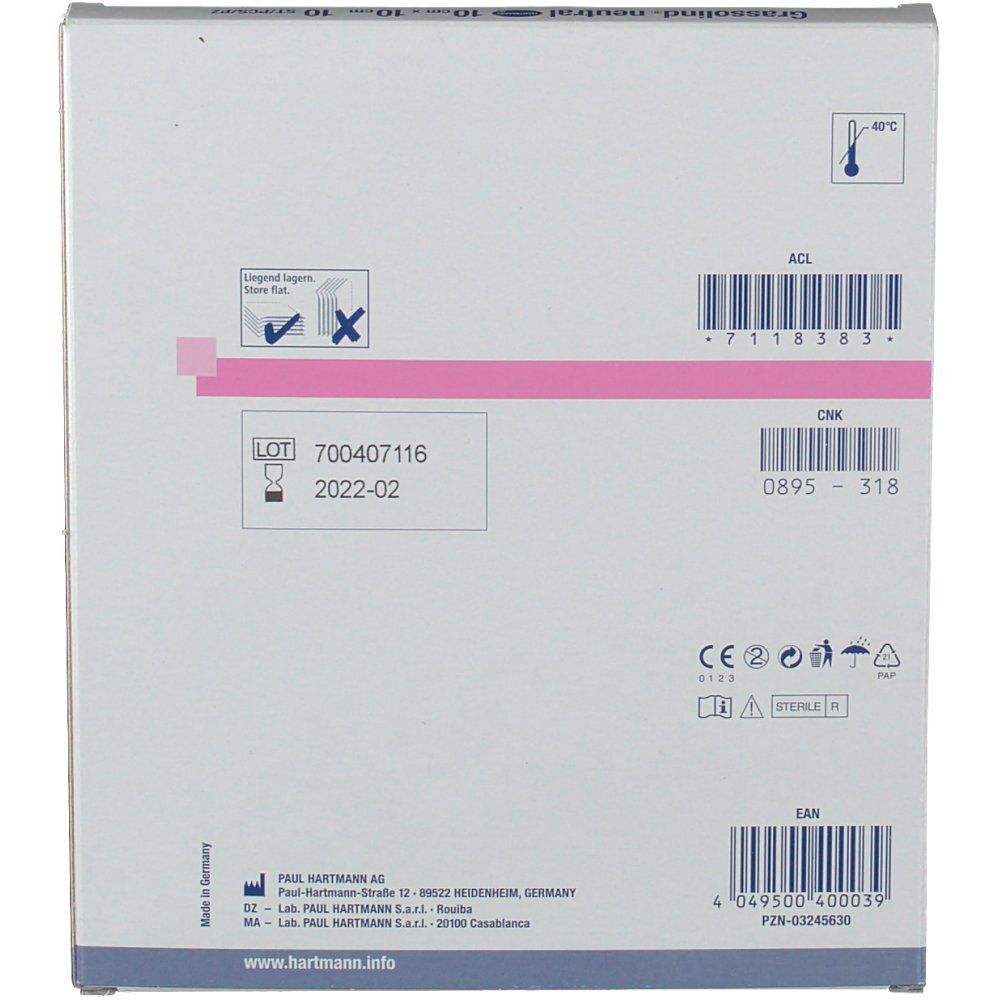 Retro della confezione Grassolind neutral. Contiene numero di lotto, scadenza e codici a barre.