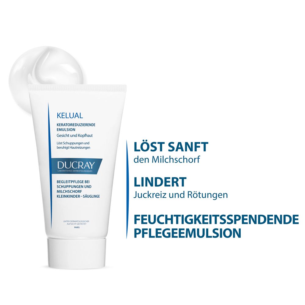 Tubo bianco con prodotto. Testo: « KELUAL », « DUCRAY ». Testo: « Elimina delicatamente la crosta lattea ». Emulsione.