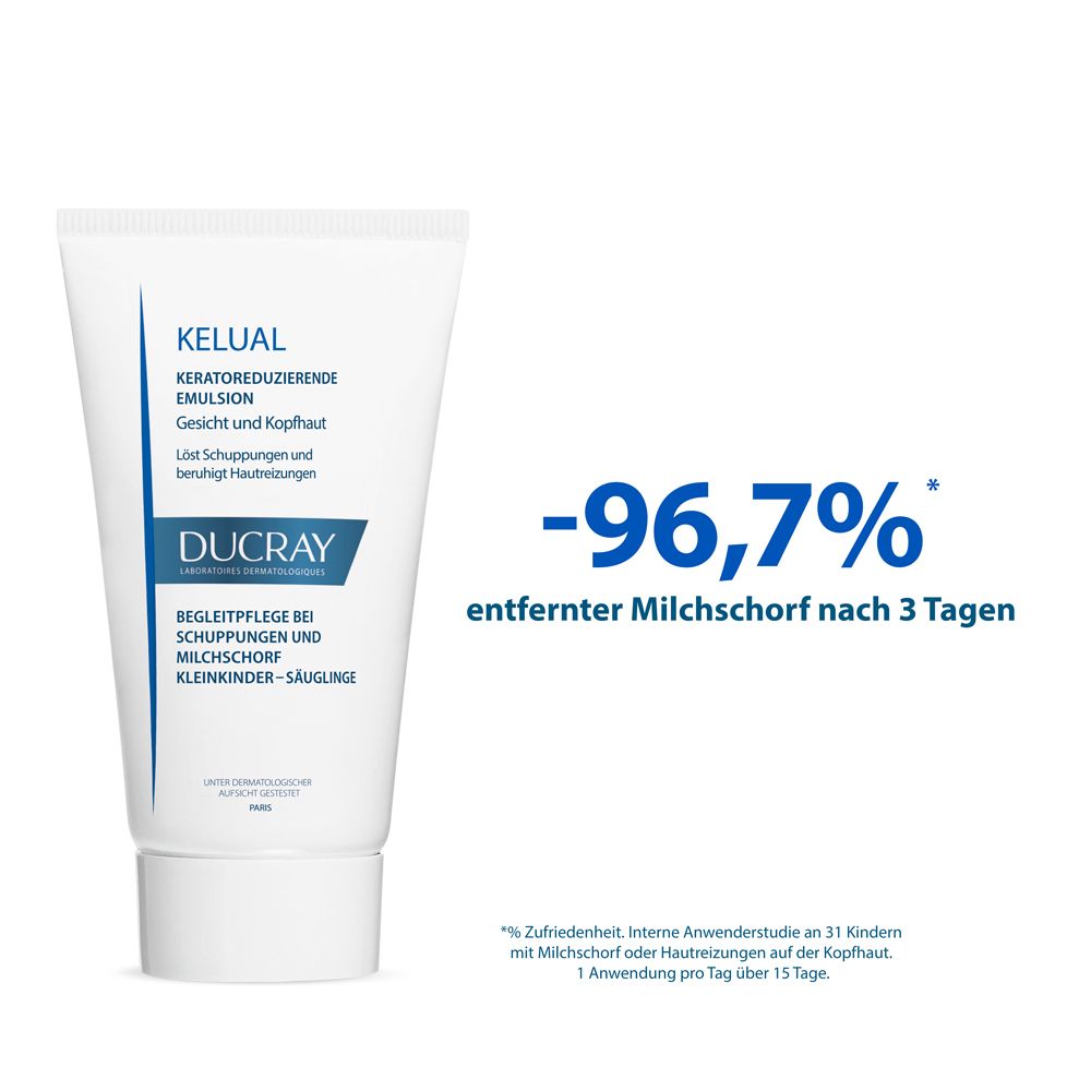 Tubo bianco con testo. Testo: « KELUAL », « DUCRAY ». Testo: « -96,7% di crosta lattea rimossa in 3 giorni ».