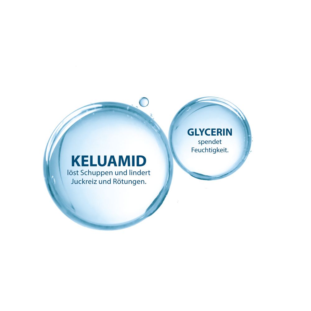 Bolle blu con testo. Testo: « KELUAMID elimina le squame », « La glicerina idrata ».