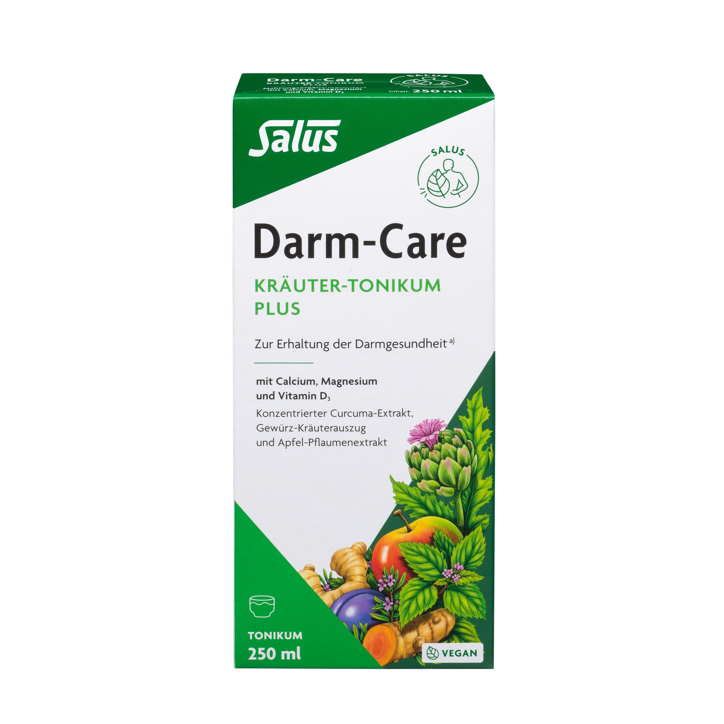Salus Darm-Care Kräuter-Tonikum plus. Confezione verde con nome del prodotto, logo e illustrazioni di frutta ed erbe.