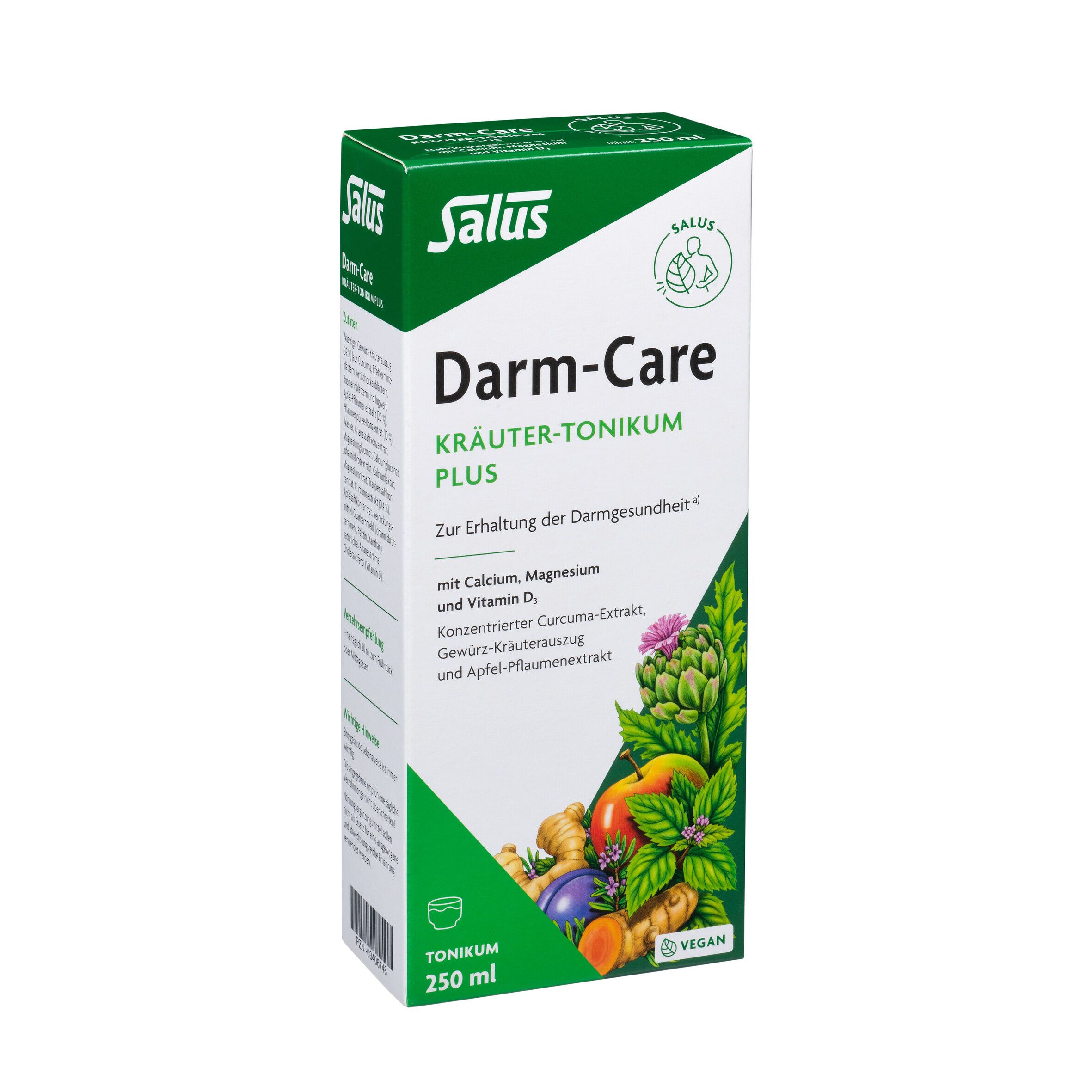 Salus Darm-Care Kräuter-Tonikum plus. Confezione verde con nome del prodotto, logo e illustrazioni di frutta ed erbe.