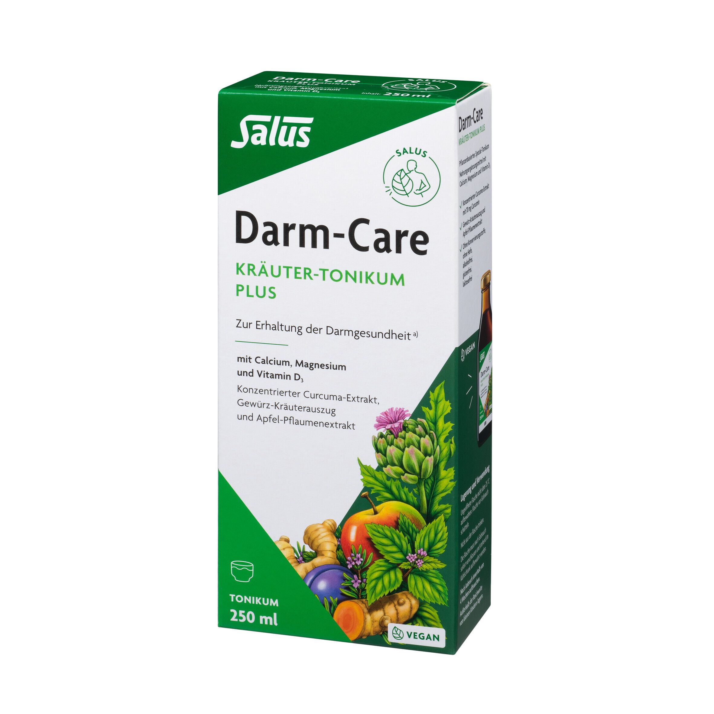 Salus Darm-Care Kräuter-Tonikum plus. Confezione verde con nome del prodotto, logo e illustrazioni di frutta ed erbe.