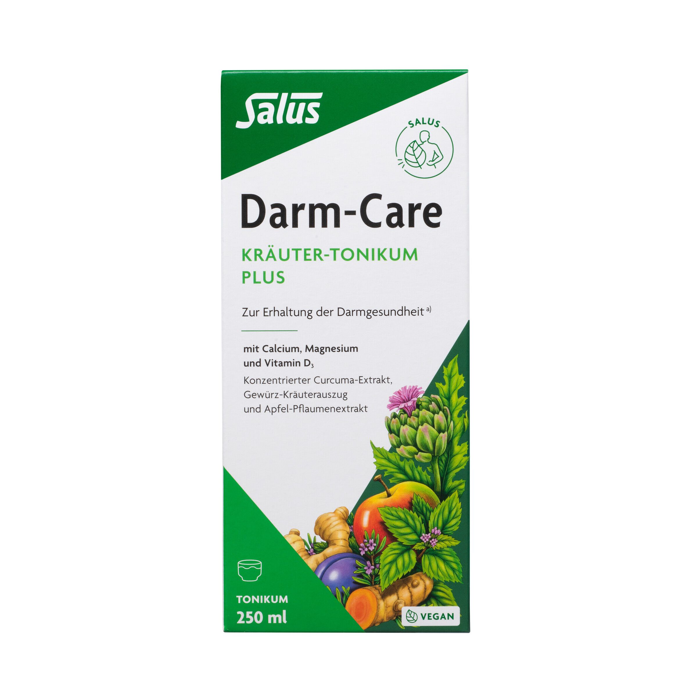 Salus Darm-Care Kräuter-Tonikum plus. Confezione verde con nome del prodotto, logo e illustrazioni di frutta ed erbe.