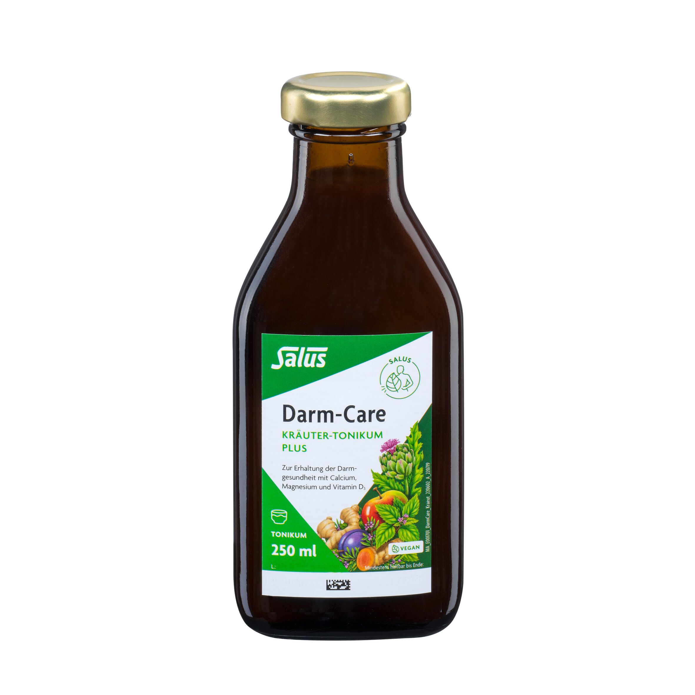Salus Darm-Care Kräuter-Tonikum plus. Bottiglia marrone con tappo dorato. Etichetta con nome del prodotto e logo.