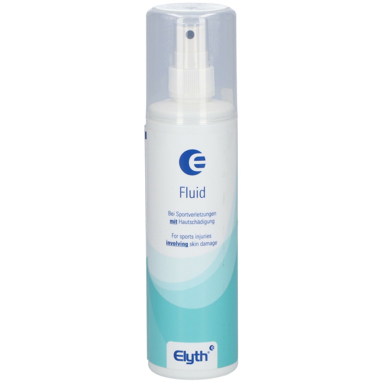 Flacone di fluido bianco con spruzzatore e tappo trasparente. Striscia turchese. Scritta: Fluid, E, Per lesioni sportive.