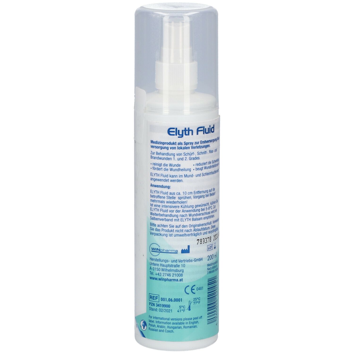 Flacone di fluido bianco con spruzzatore e tappo trasparente. Retro con testo. 200 ml. Dispositivo medico.