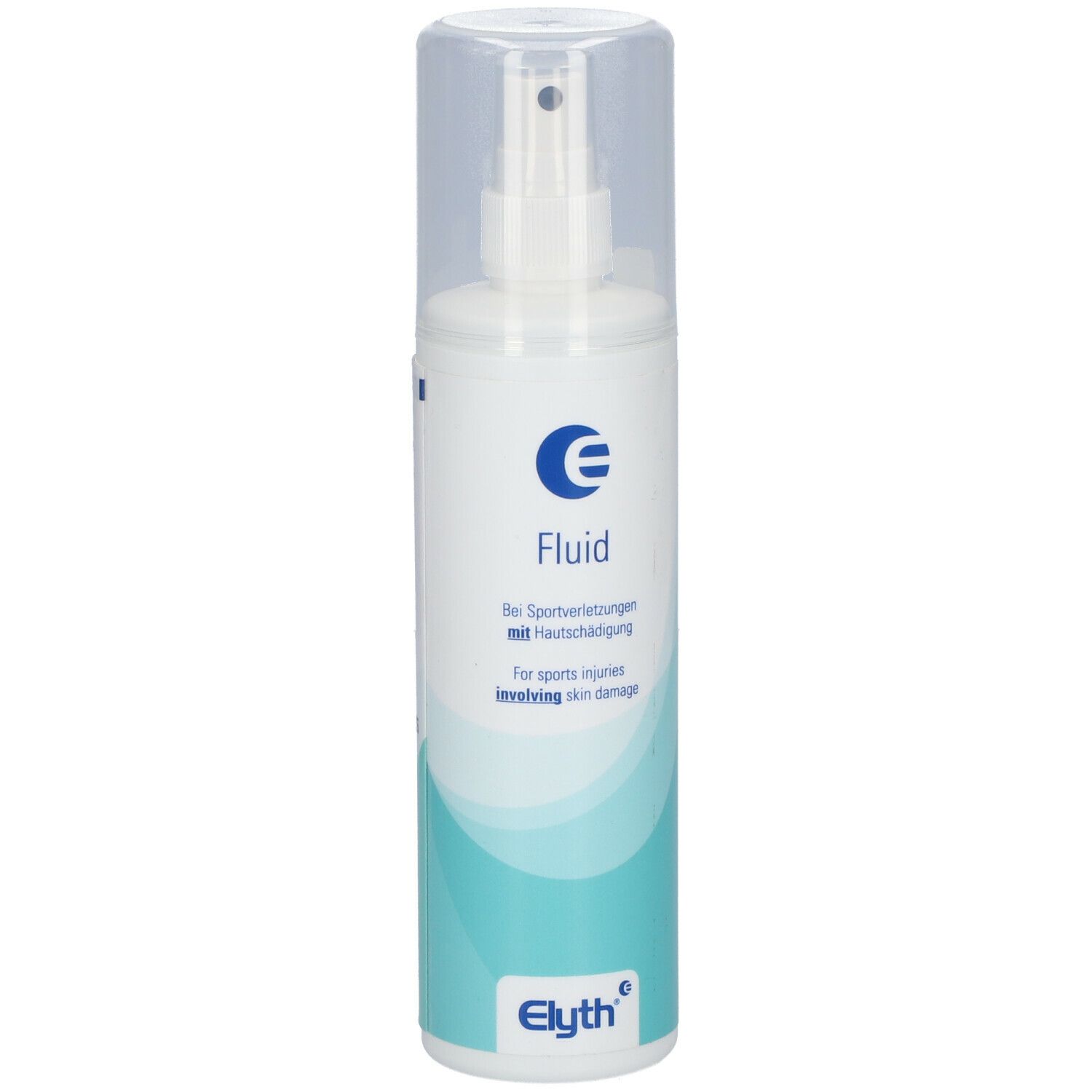 Flacone di fluido bianco con spruzzatore e tappo trasparente. Striscia turchese. Scritta: Fluid, E, Per lesioni sportive.
