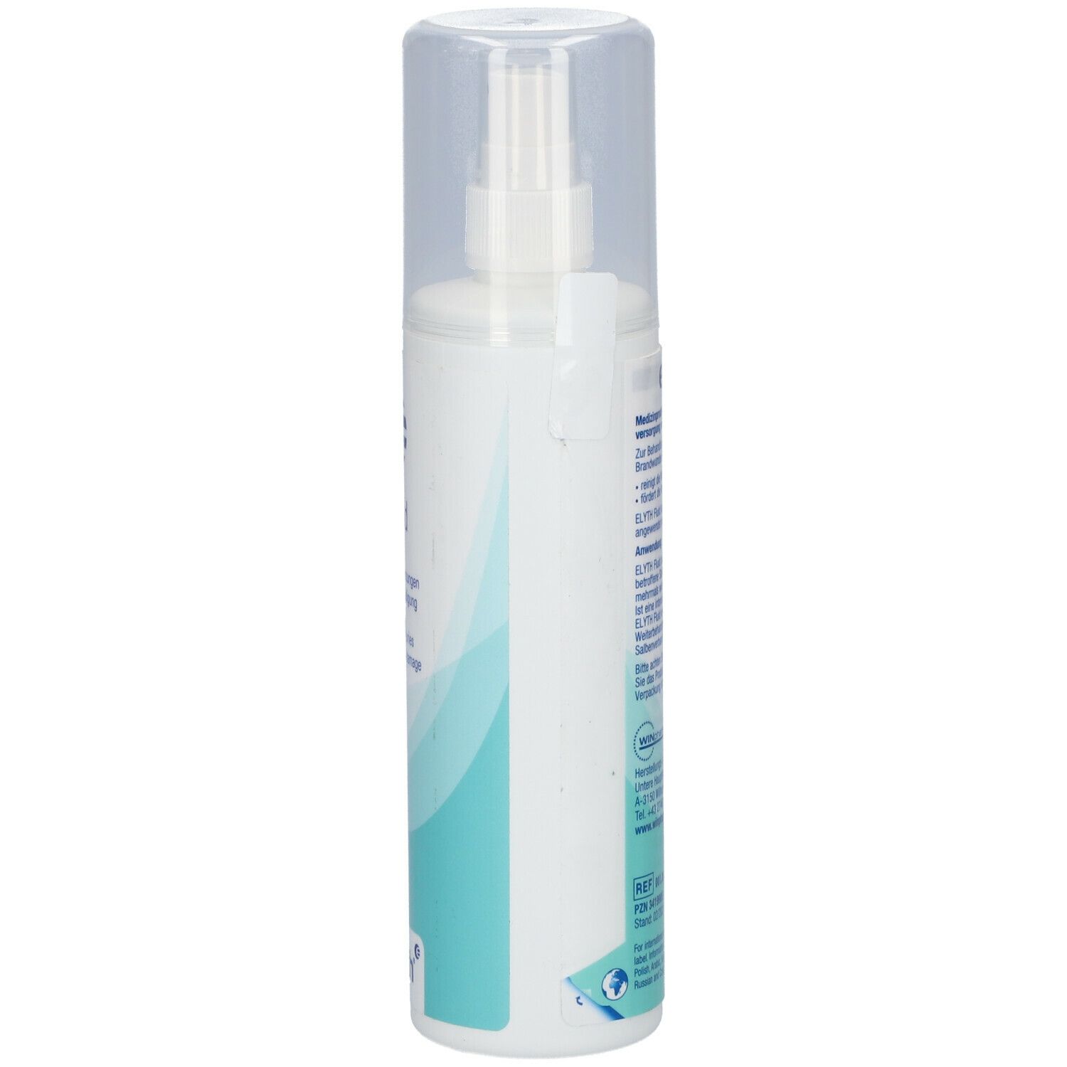 Flacone di fluido bianco con spruzzatore e tappo trasparente. Retro con testo. 200 ml.