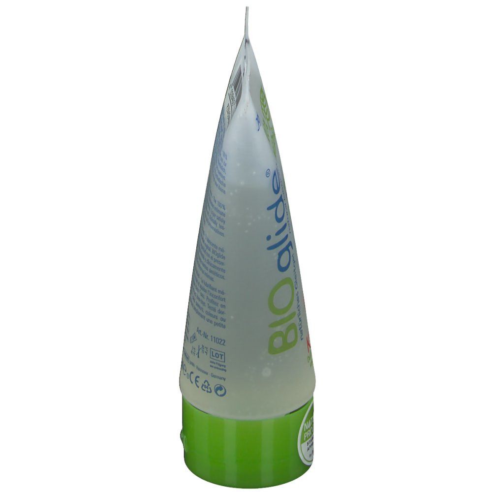 Tubo trasparente, affusolato. Tappo verde. Scritta BIOglide.