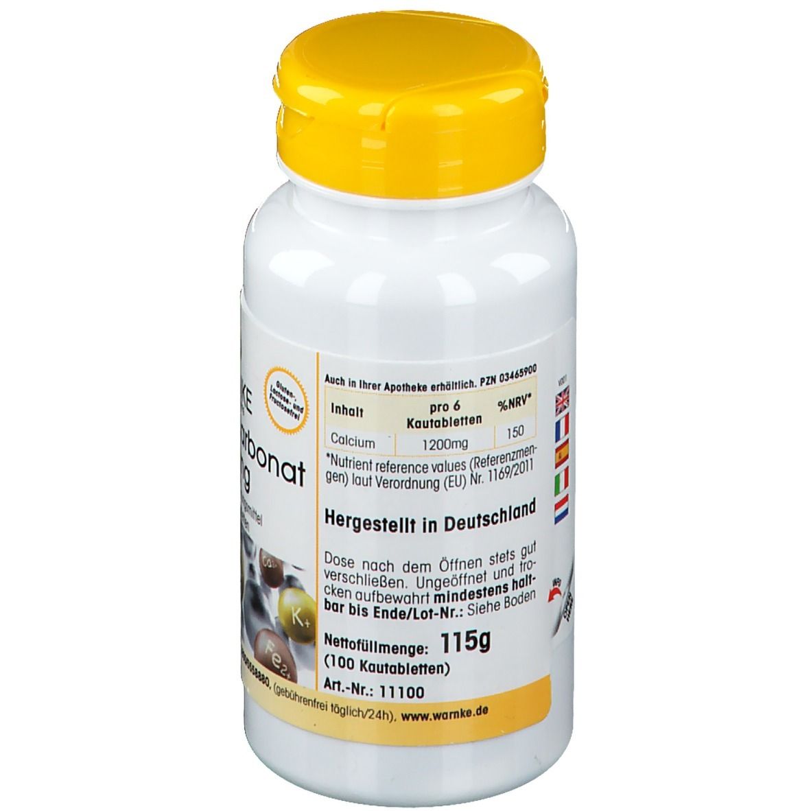 Retro del flacone bianco con tappo giallo. Contiene informazioni sul calcio. Prodotto in Germania. Peso netto: 115g.