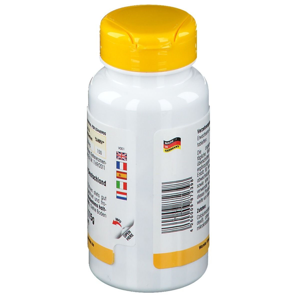 Vista posteriore del flacone bianco con tappo giallo. Con informazioni sul calcio. Prodotto in Germania. Codice a barre.